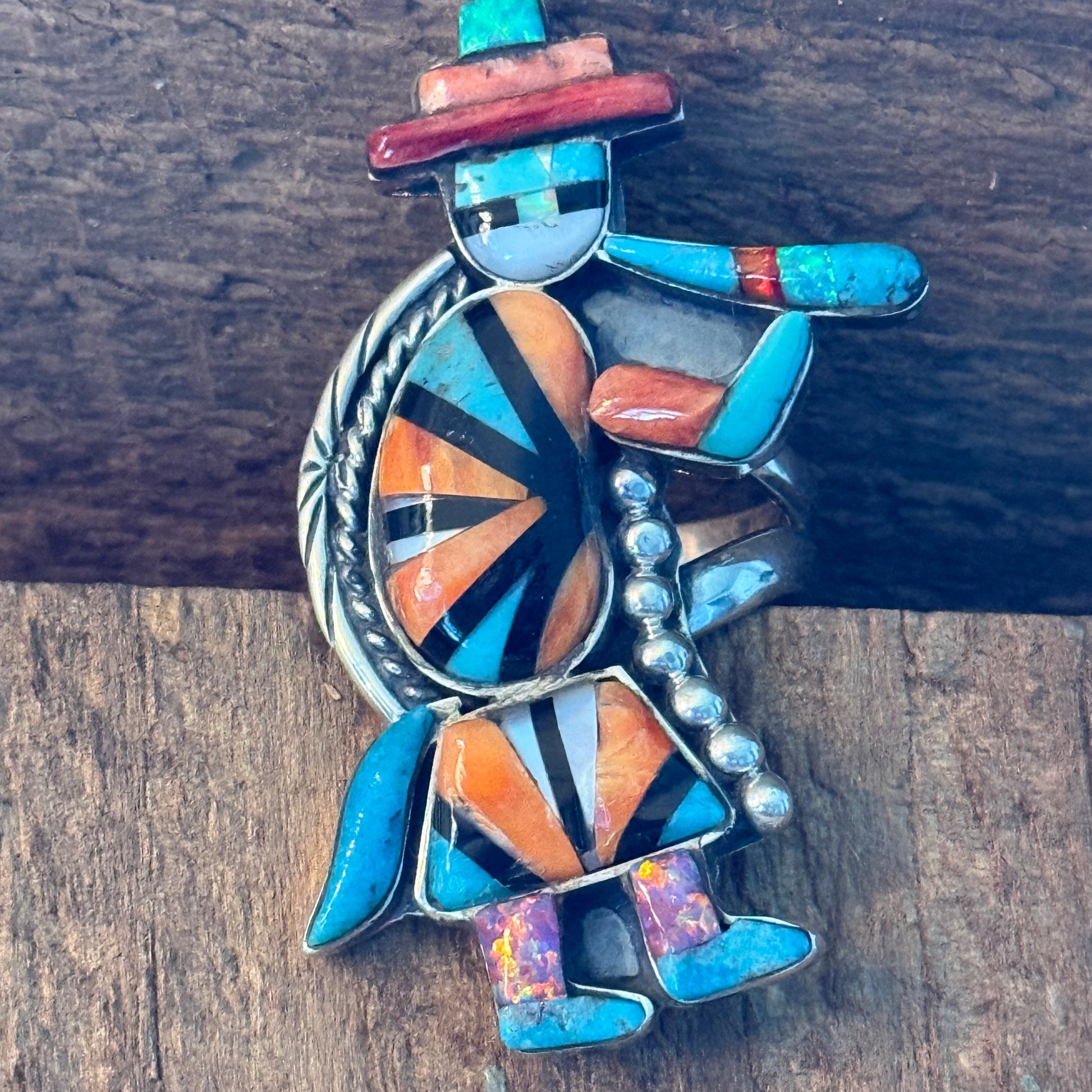 Native Inspired Turquoise Inlay Colorful Ring In 925 Sterling Silver Adjustable, 2 Inch Wild West Boho