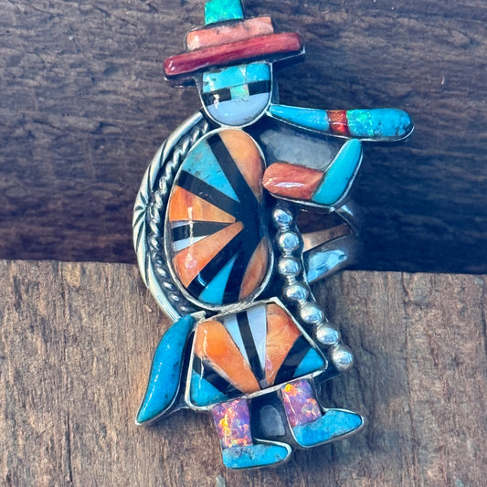 Native Inspired Turquoise Inlay Colorful Ring In 925 Sterling Silver Adjustable, 2 Inch Wild West Boho