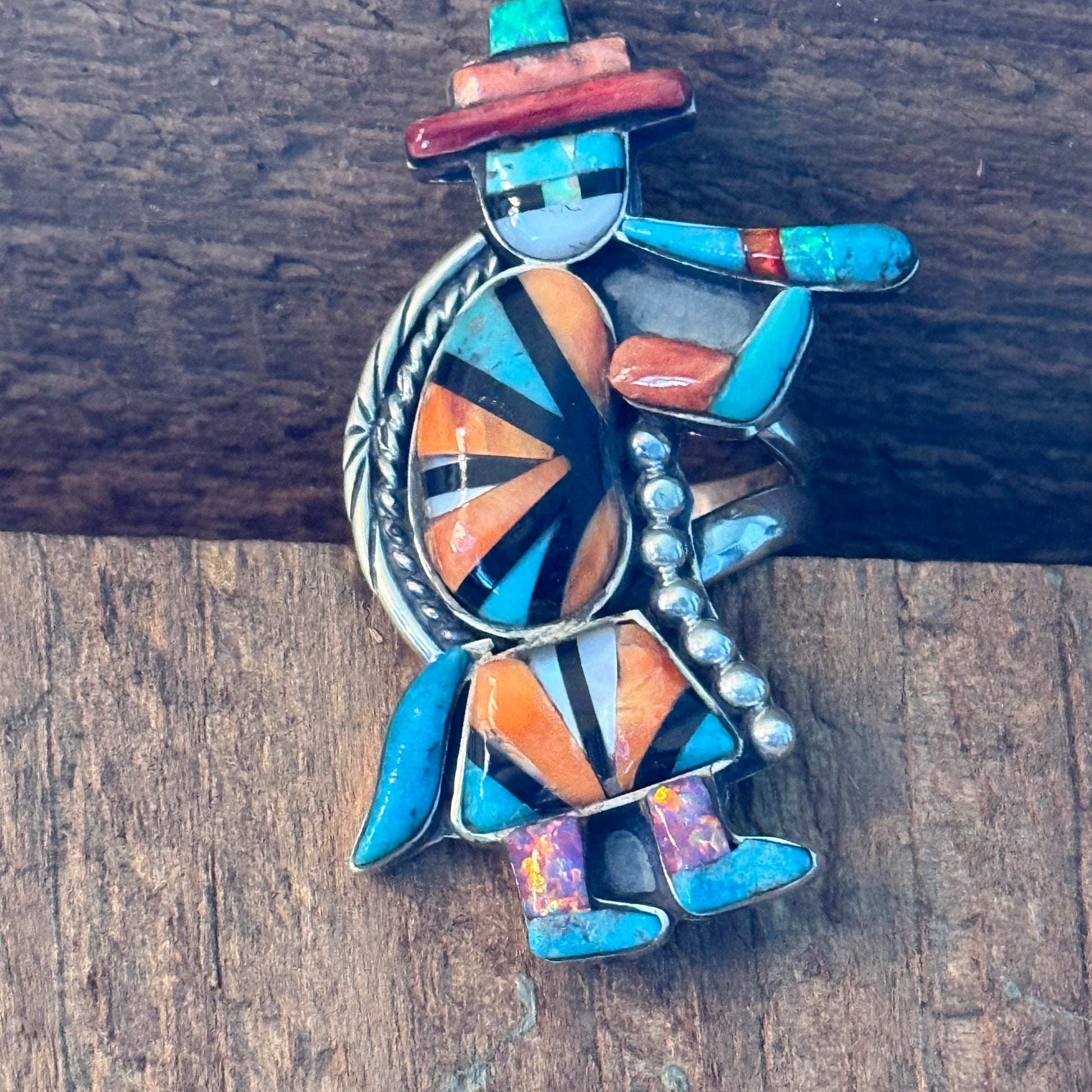 Native Inspired Turquoise Inlay Colorful Ring In 925 Sterling Silver Adjustable, 2 Inch Wild West Boho