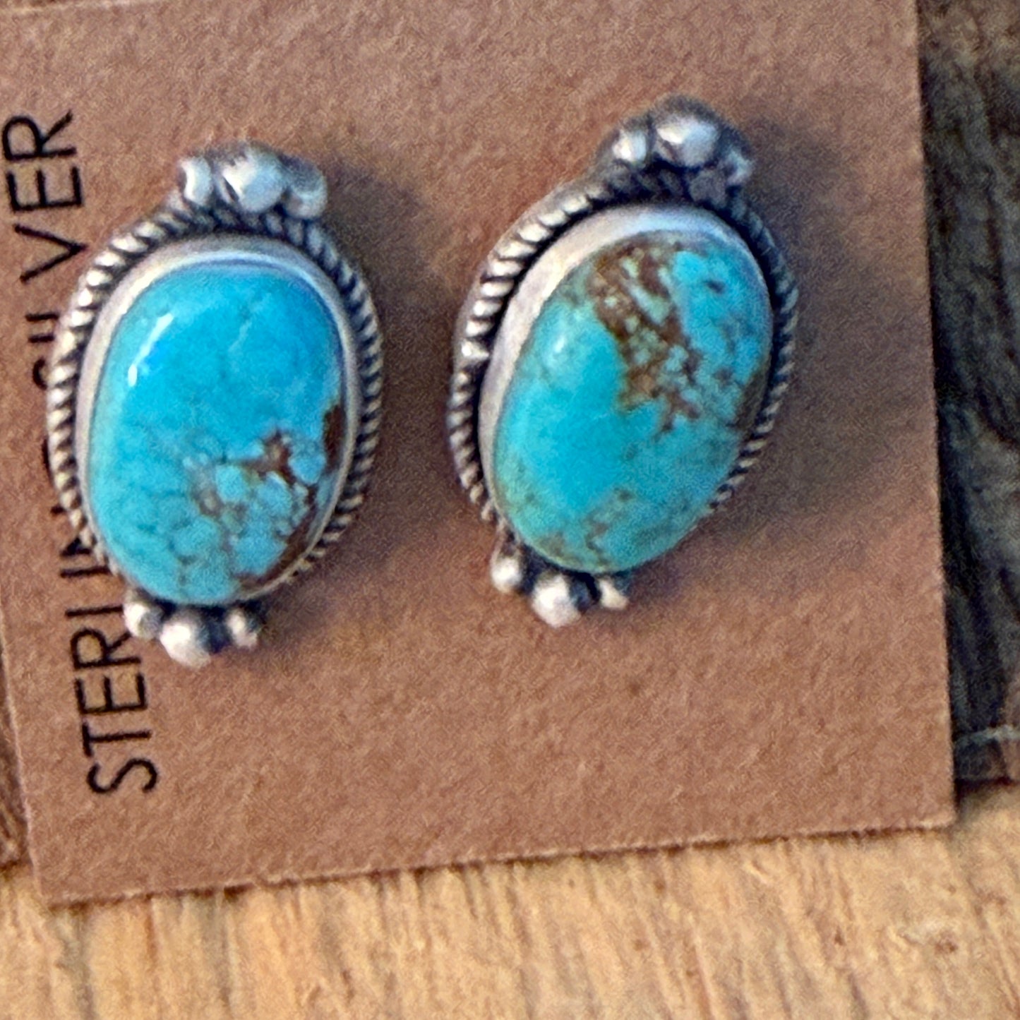 Native Inspired Number 8 Turquoise Gemstone Sterling Silver Stud Earrings Wild West Boho
