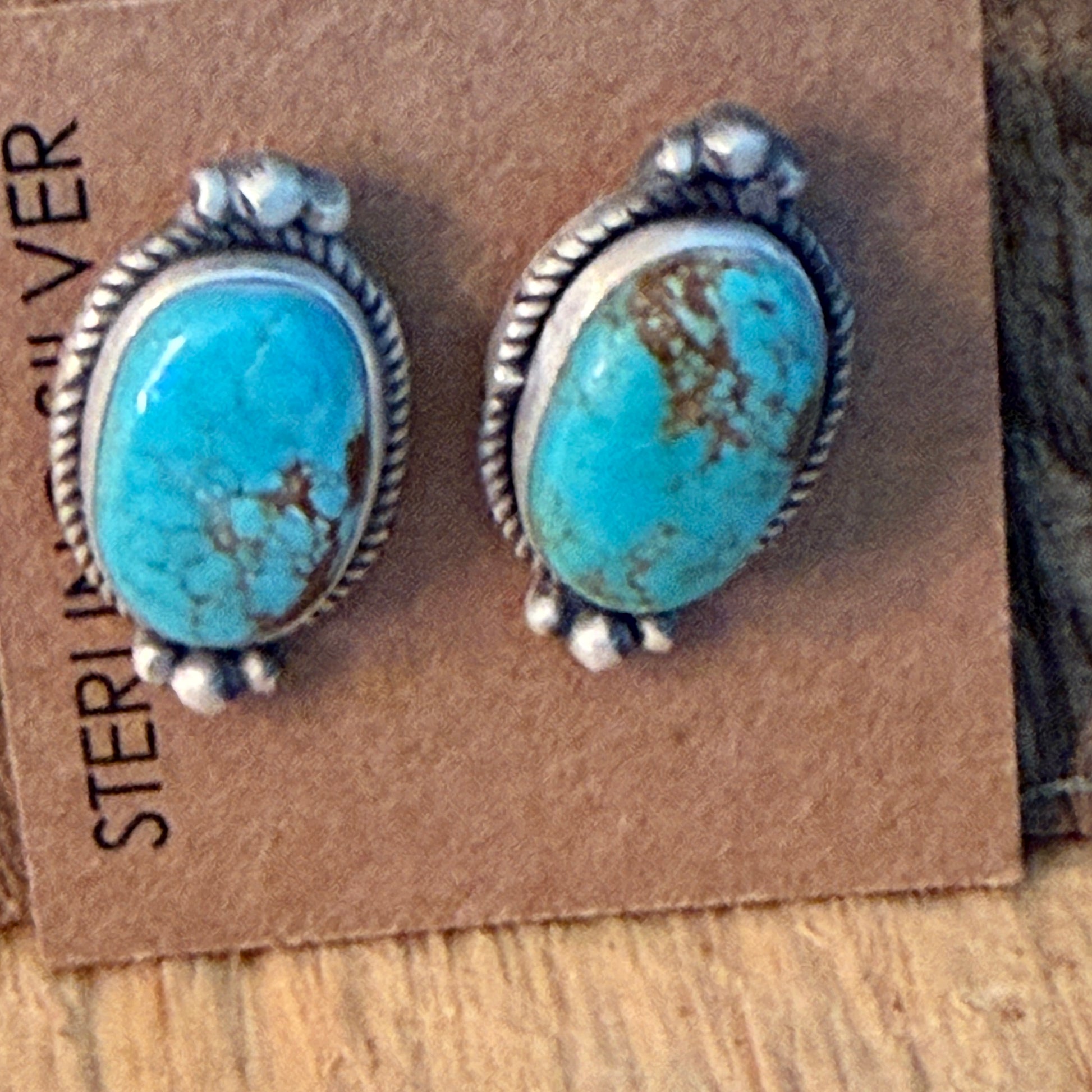 Native Inspired Number 8 Turquoise Gemstone Sterling Silver Stud Earrings Wild West Boho