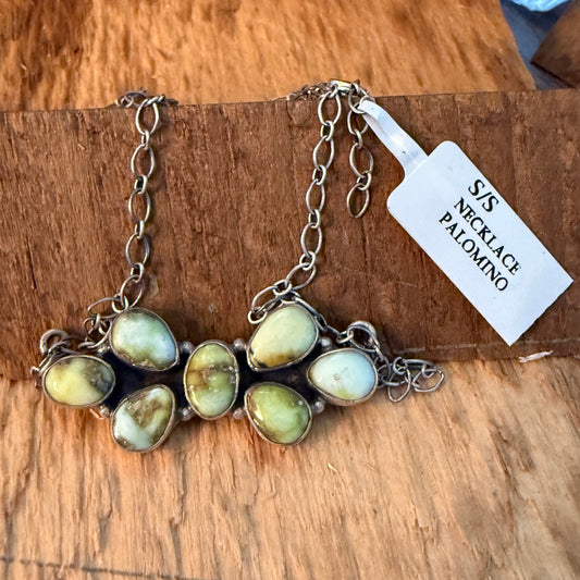 Native Inspired Palomino Turquoise Seven Gemstone Cluster Sterling Bar Pendant Wild West Boho