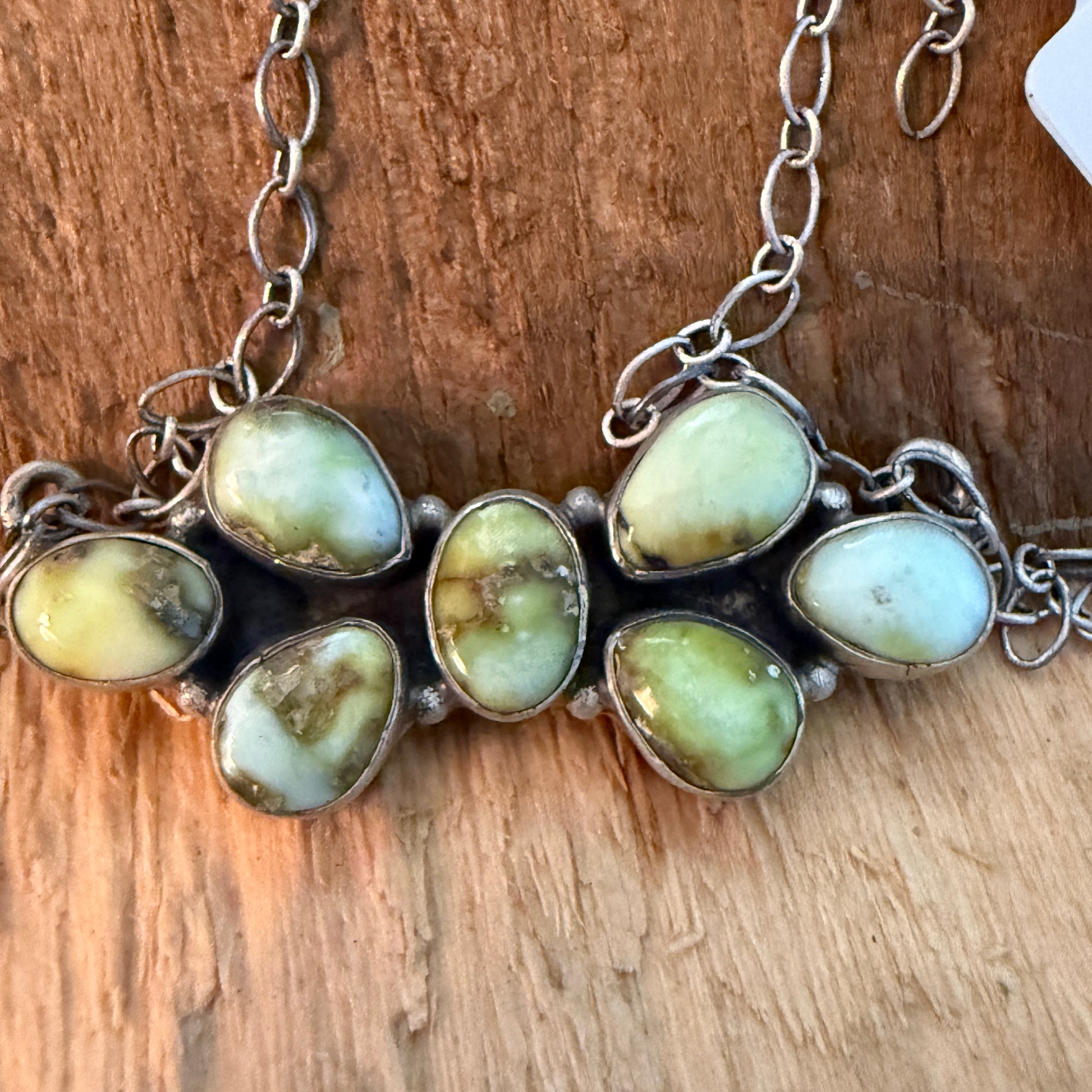 Native Inspired Palomino Turquoise Seven Gemstone Cluster Sterling Bar Pendant Wild West Boho