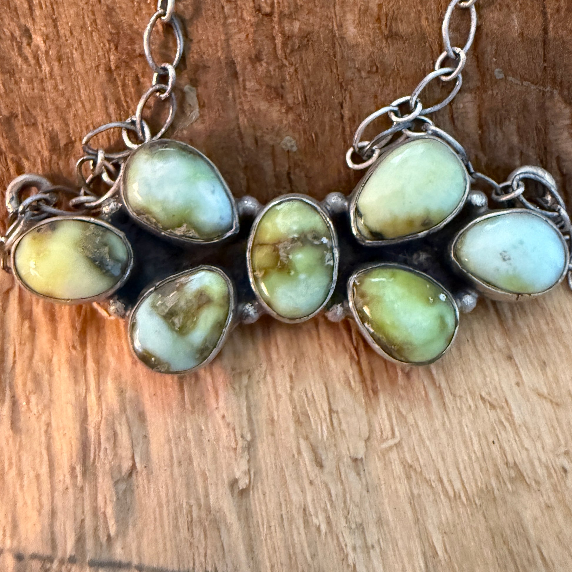 Native Inspired Palomino Turquoise Seven Gemstone Cluster Sterling Bar Pendant Wild West Boho