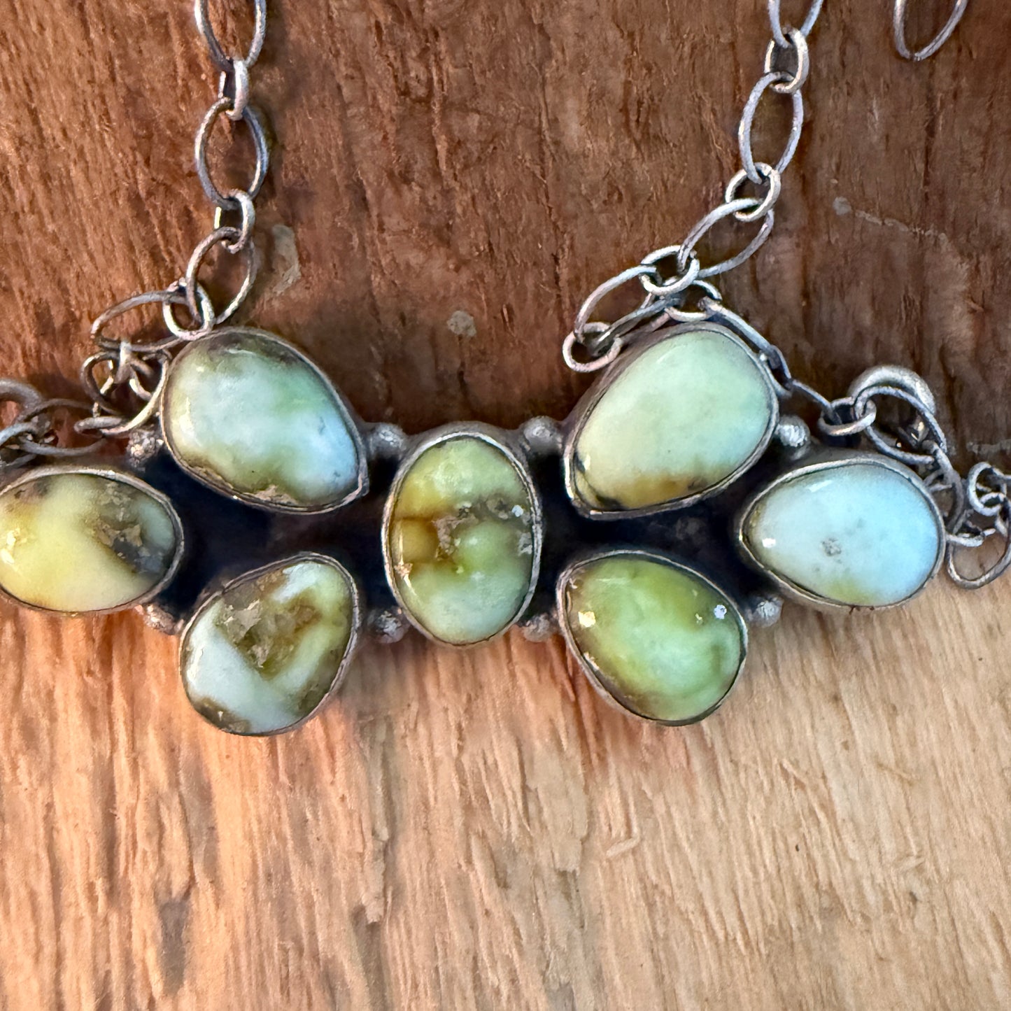Native Inspired Palomino Turquoise Seven Gemstone Cluster Sterling Bar Pendant Wild West Boho