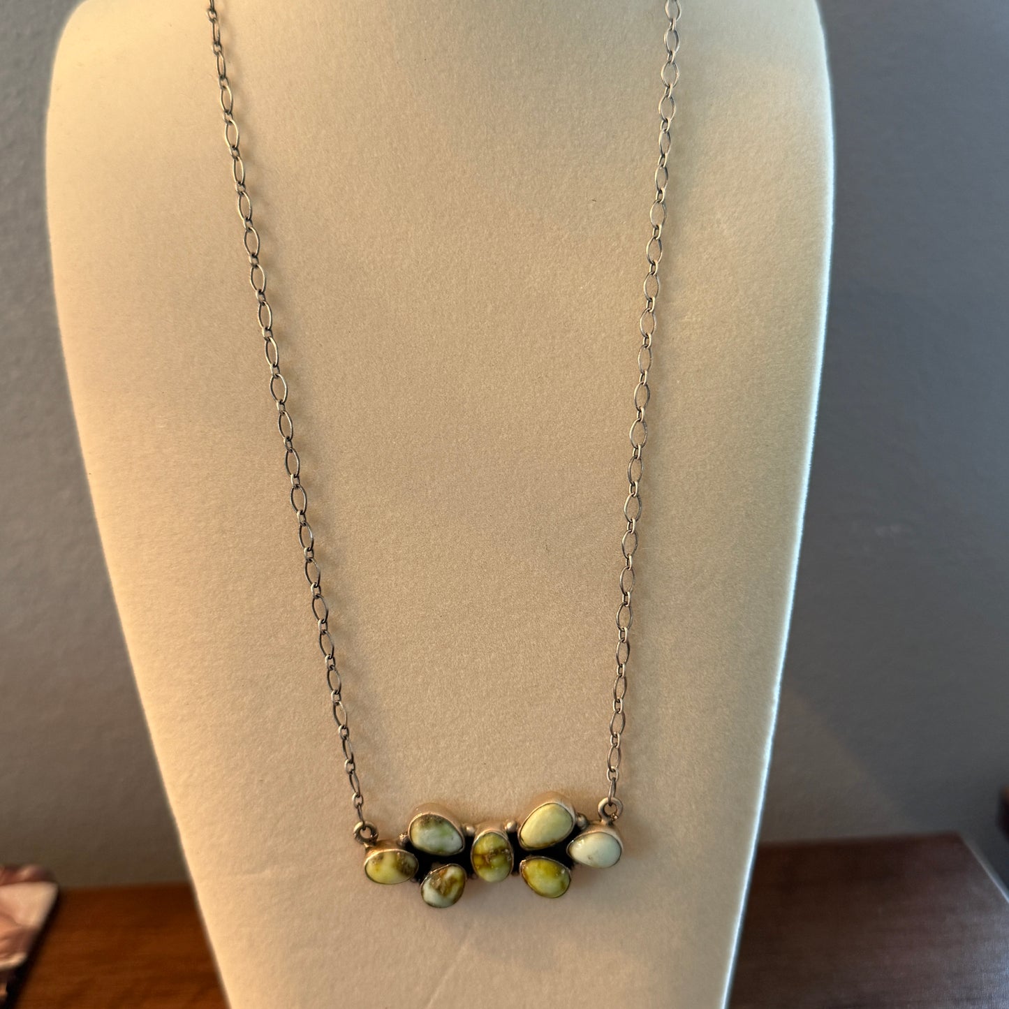 Native Inspired Palomino Turquoise Seven Gemstone Cluster Sterling Bar Pendant Wild West Boho
