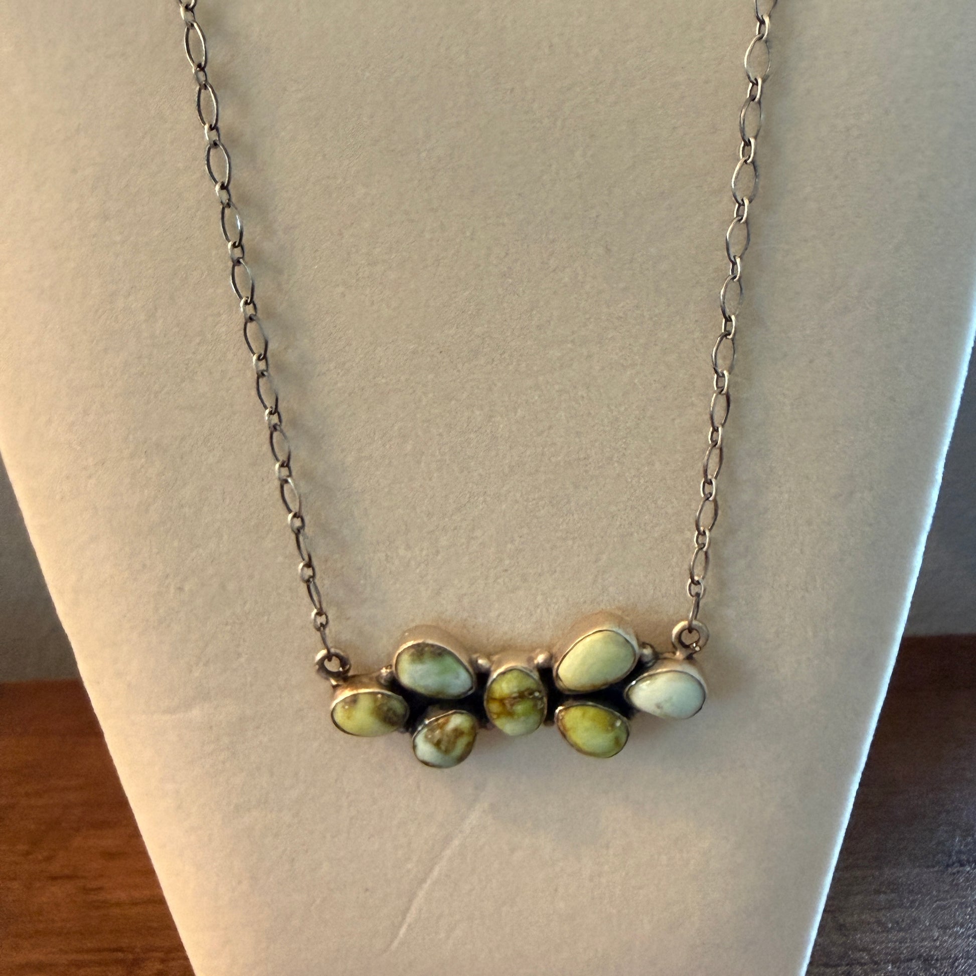 Native Inspired Palomino Turquoise Seven Gemstone Cluster Sterling Bar Pendant Wild West Boho