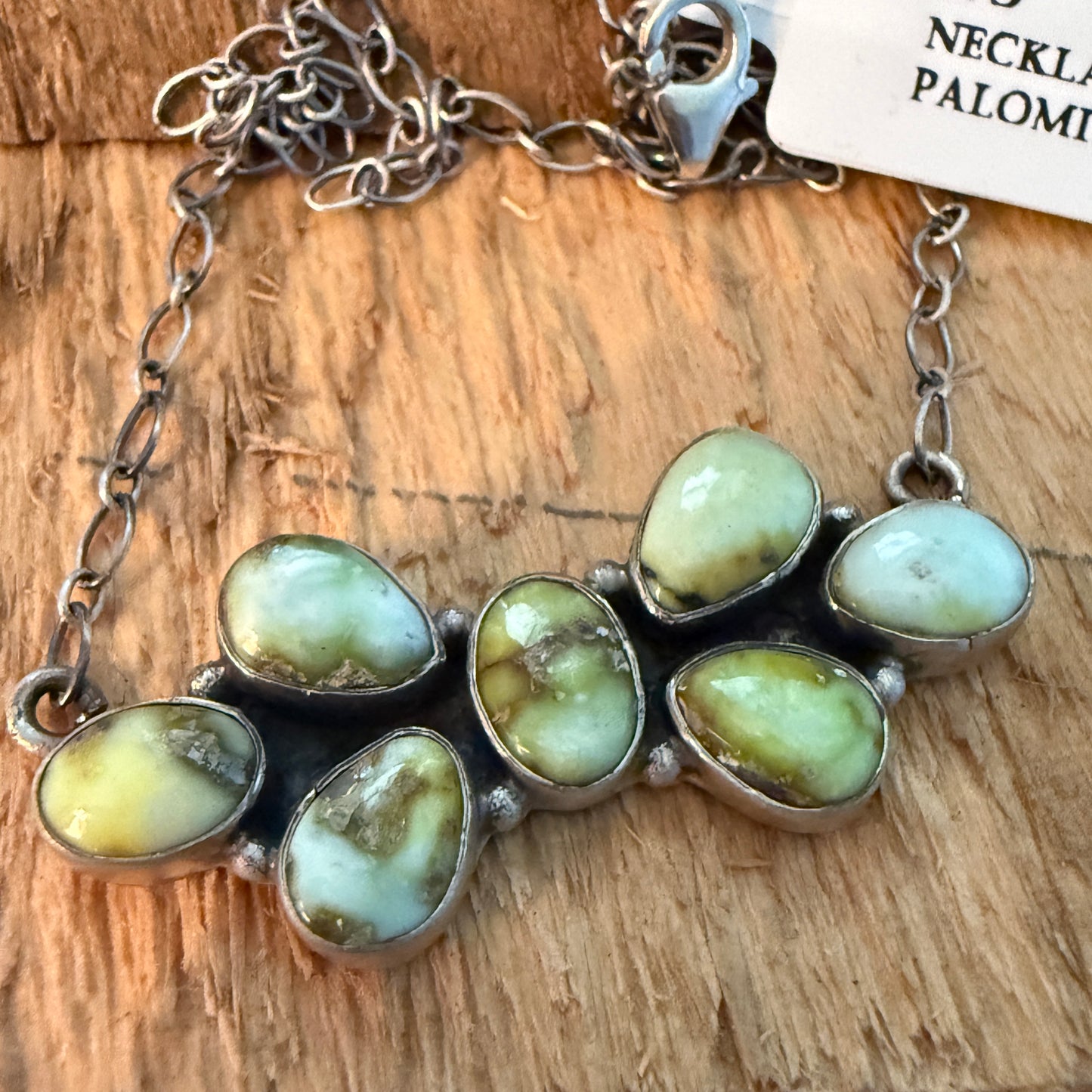 Native Inspired Palomino Turquoise Seven Gemstone Cluster Sterling Bar Pendant Wild West Boho