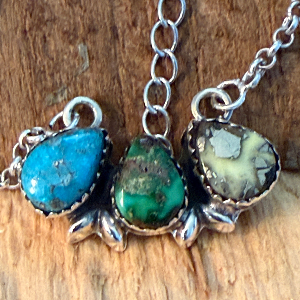 White Water Golden Sonoran Wild Horse Turquoise Three Varieties Cluster Necklace Wild West Boho