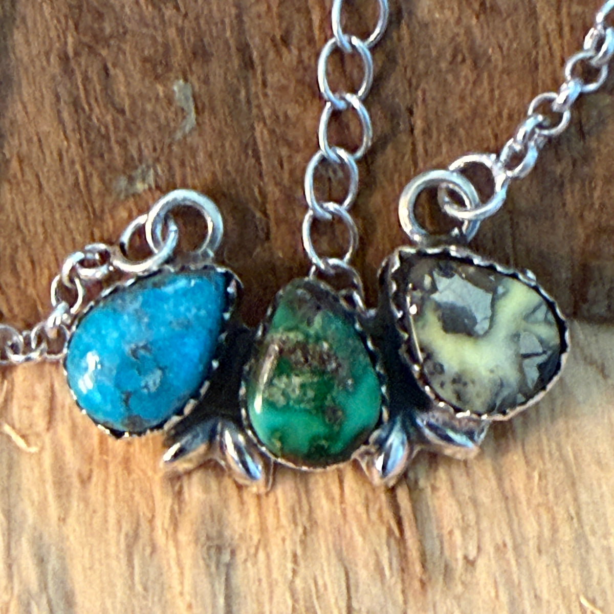 White Water Golden Sonoran Wild Horse Turquoise Three Varieties Cluster Necklace Wild West Boho