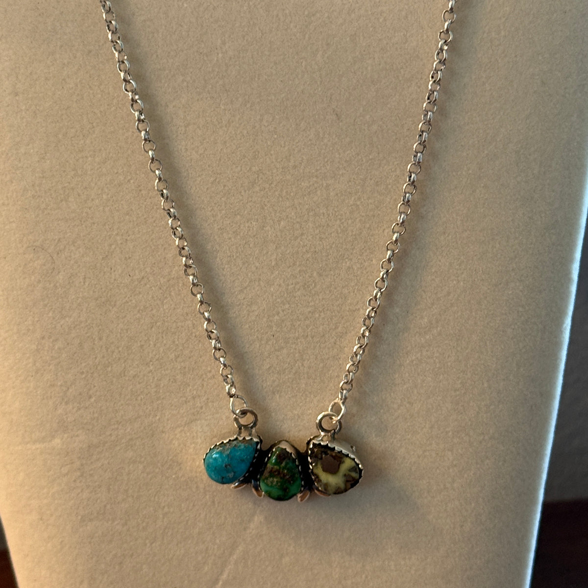 White Water Golden Sonoran Wild Horse Turquoise Three Varieties Cluster Necklace Wild West Boho