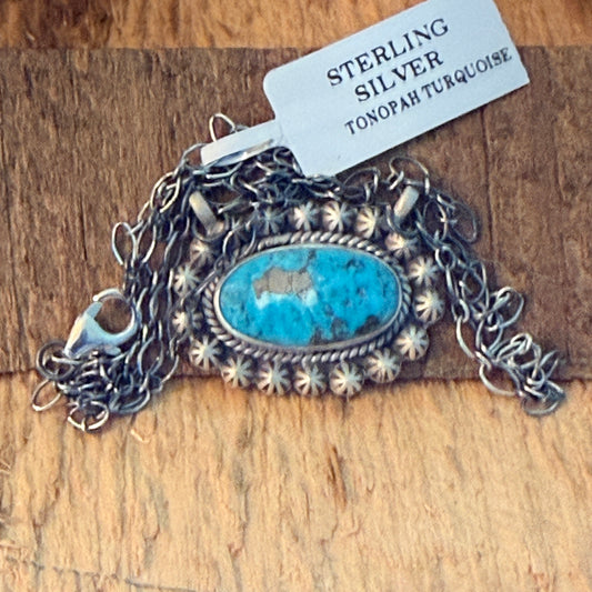Navajo Inspired Tonopah Turquoise Pendant Necklace in Sterling Silver Wild West Boho