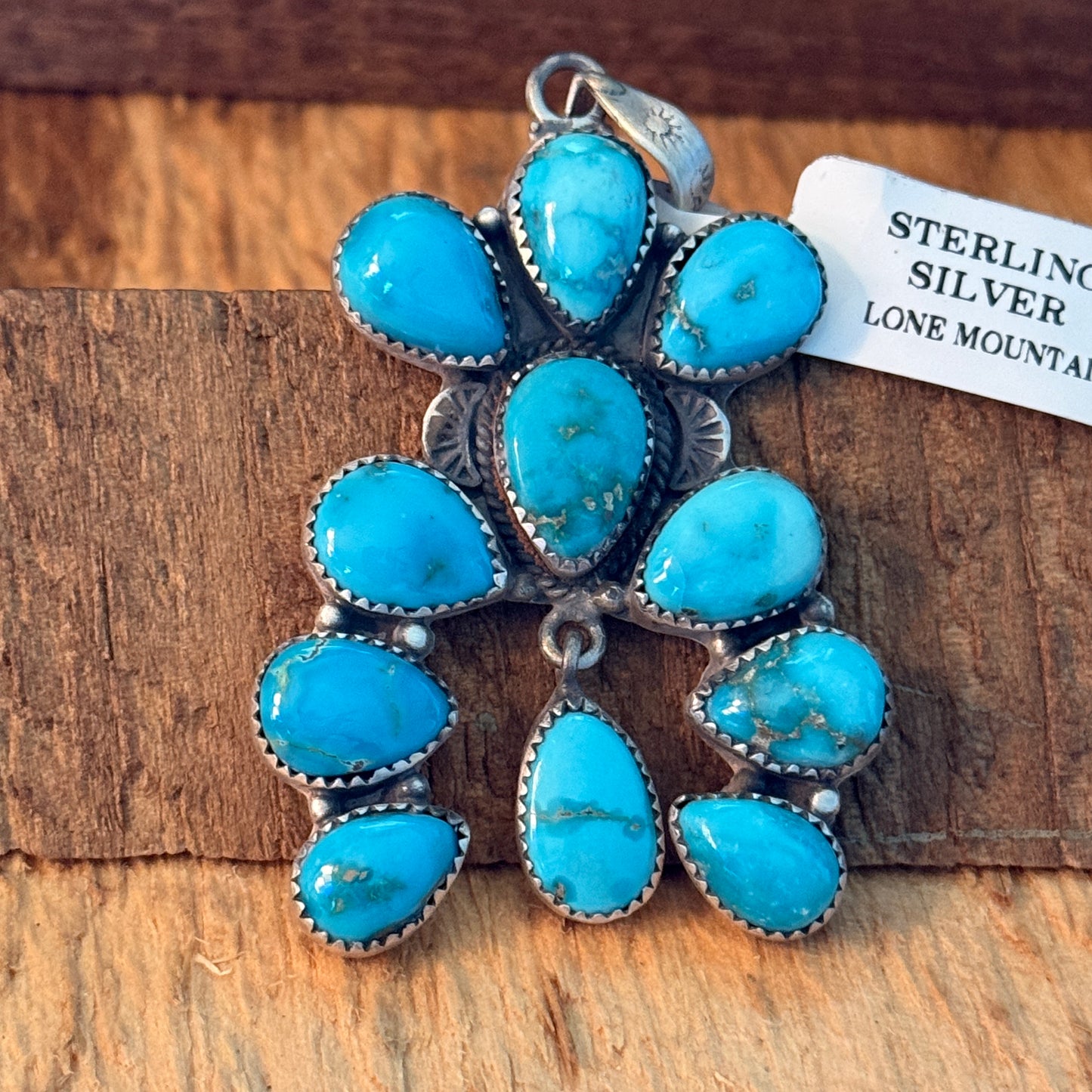 Native Inspired Lone Mountain Turquoise Cluster Sterling Silver Pendant Wild West Boho