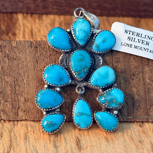 Native Inspired Lone Mountain Turquoise Cluster Sterling Silver Pendant Wild West Boho