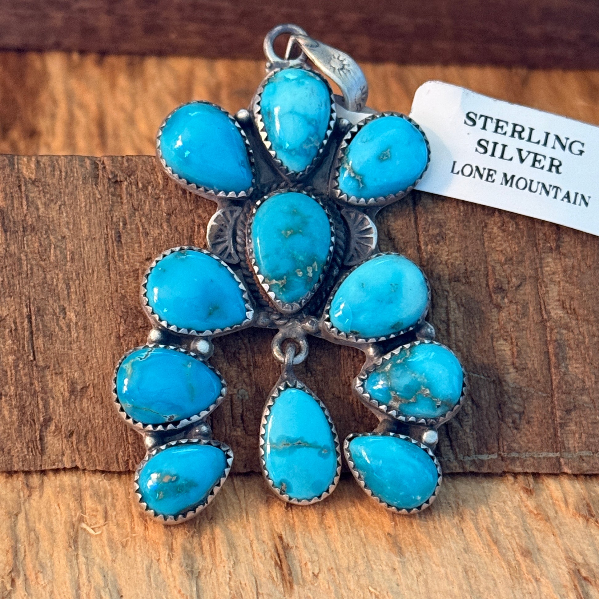 Native Inspired Lone Mountain Turquoise Cluster Sterling Silver Pendant Wild West Boho