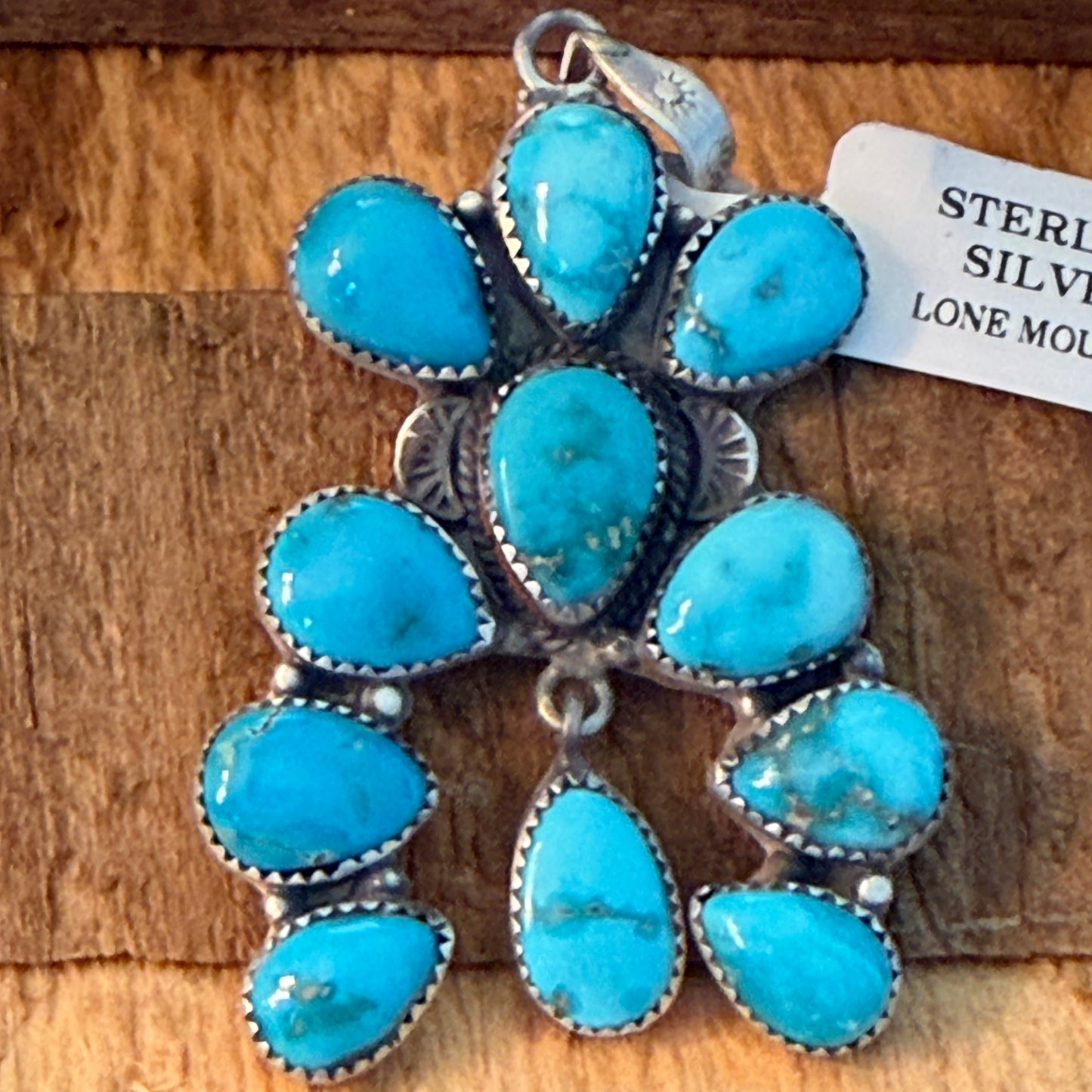 Native Inspired Lone Mountain Turquoise Cluster Sterling Silver Pendant Wild West Boho