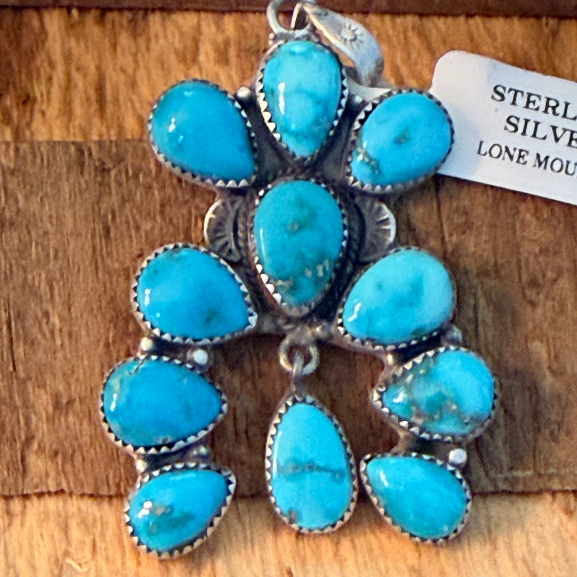 Native Inspired Lone Mountain Turquoise Cluster Sterling Silver Pendant Wild West Boho