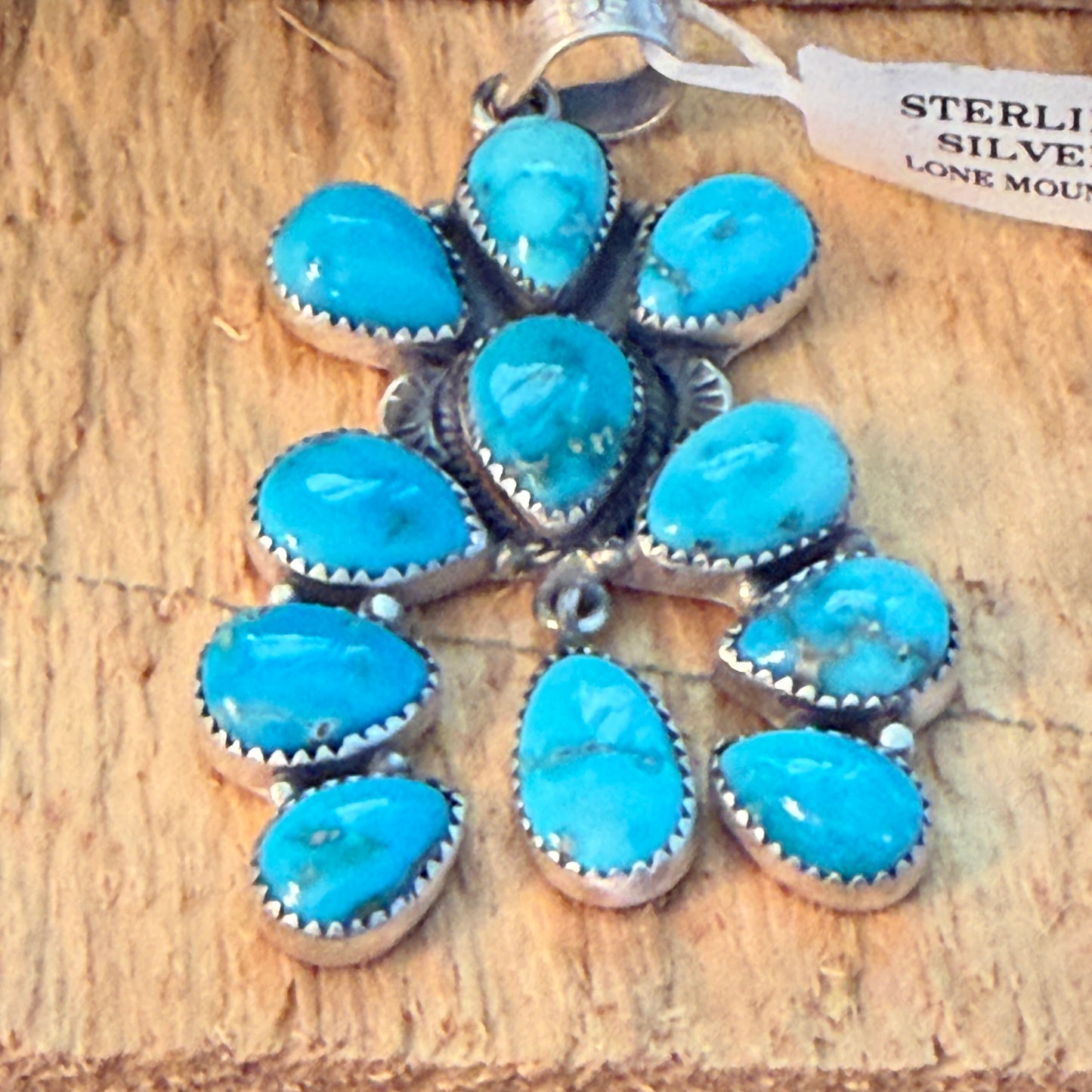 Native Inspired Lone Mountain Turquoise Cluster Sterling Silver Pendant Wild West Boho