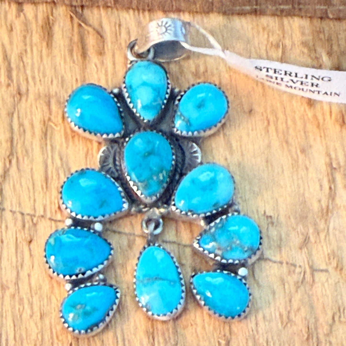 Native Inspired Lone Mountain Turquoise Cluster Sterling Silver Pendant Wild West Boho