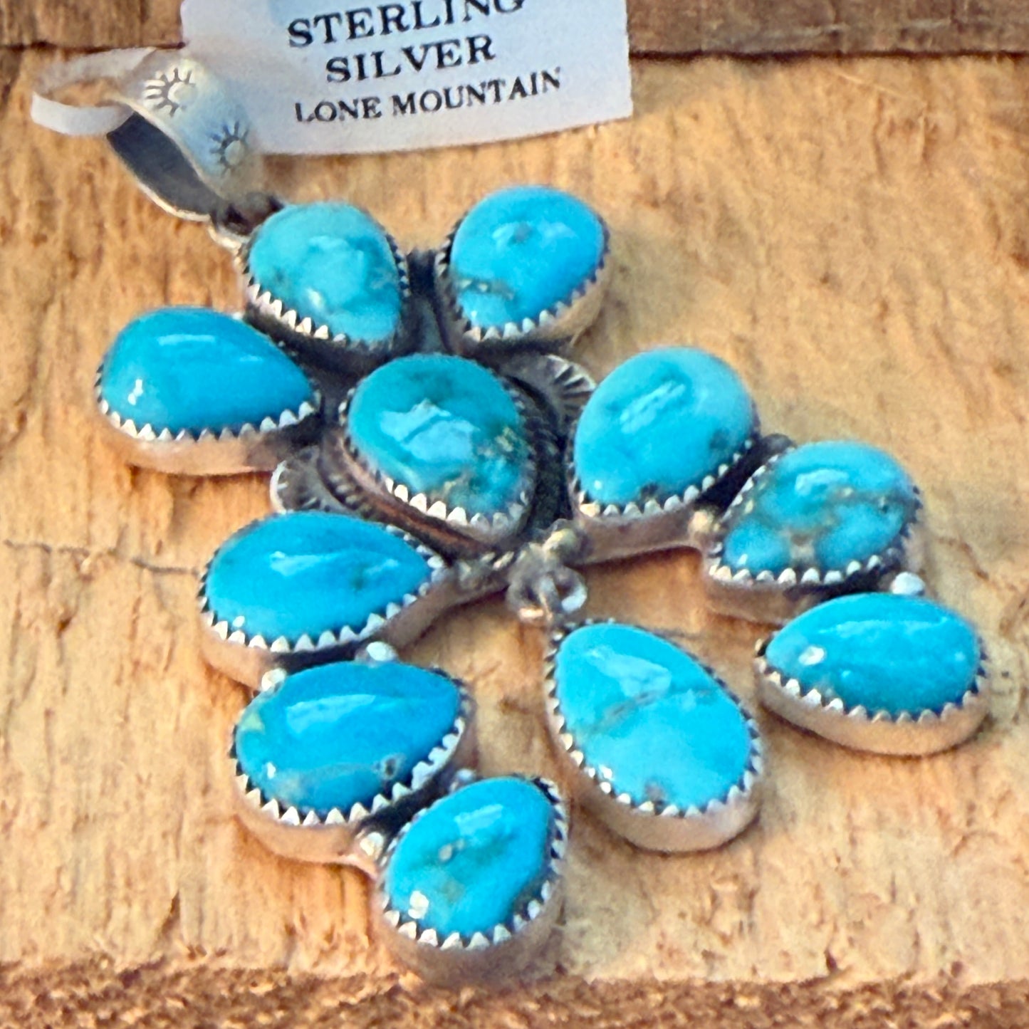 Native Inspired Lone Mountain Turquoise Cluster Sterling Silver Pendant Wild West Boho