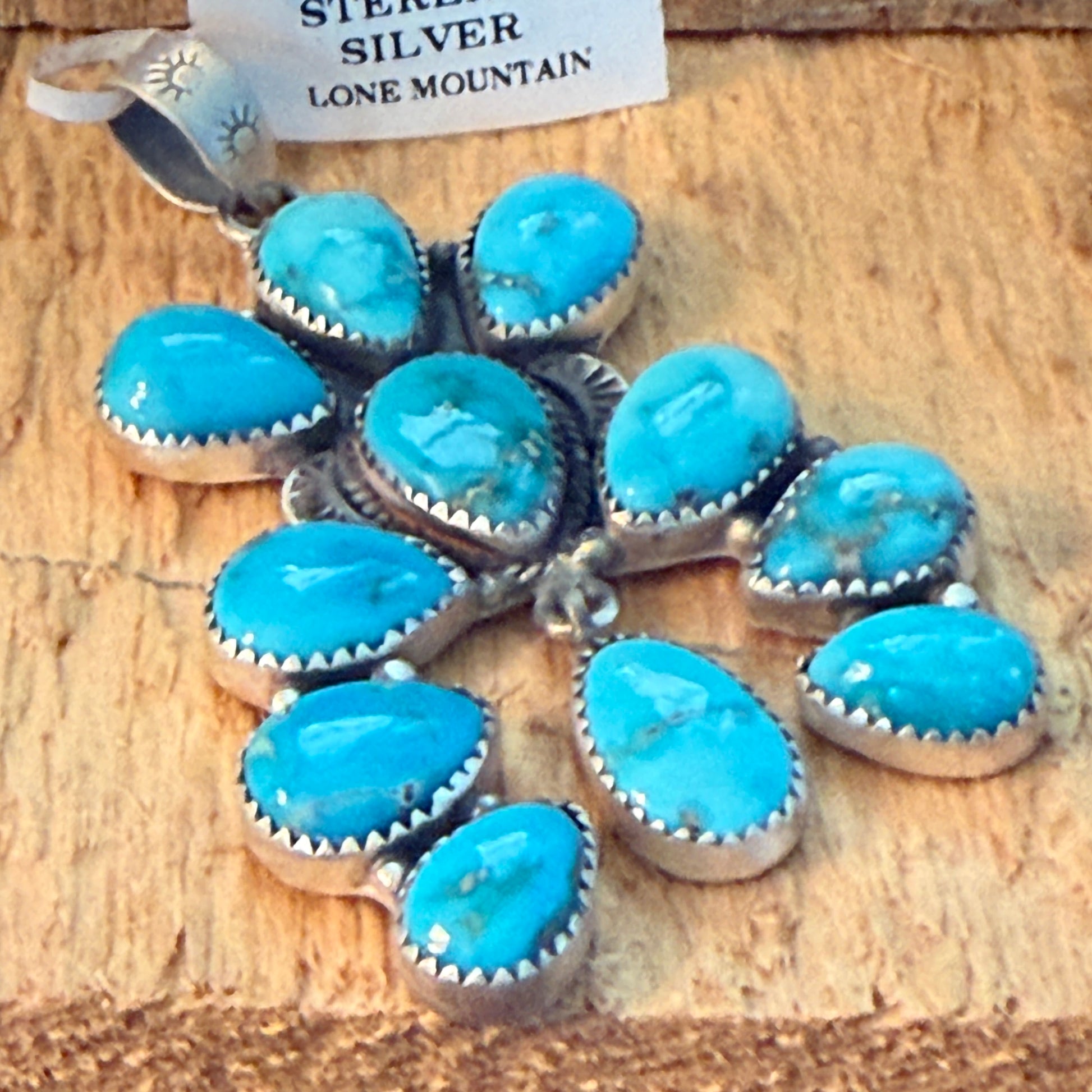 Native Inspired Lone Mountain Turquoise Cluster Sterling Silver Pendant Wild West Boho