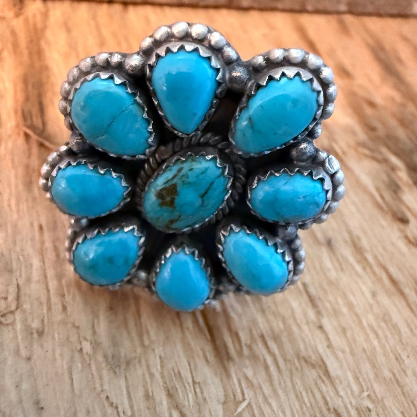 Tonopah Turquoise Nine Gem Cluster Ring Adjustable Sterling Silver Wild West Boho