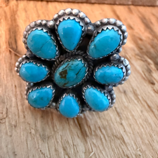 Tonopah Turquoise Nine Gem Cluster Ring Adjustable Sterling Silver Wild West Boho