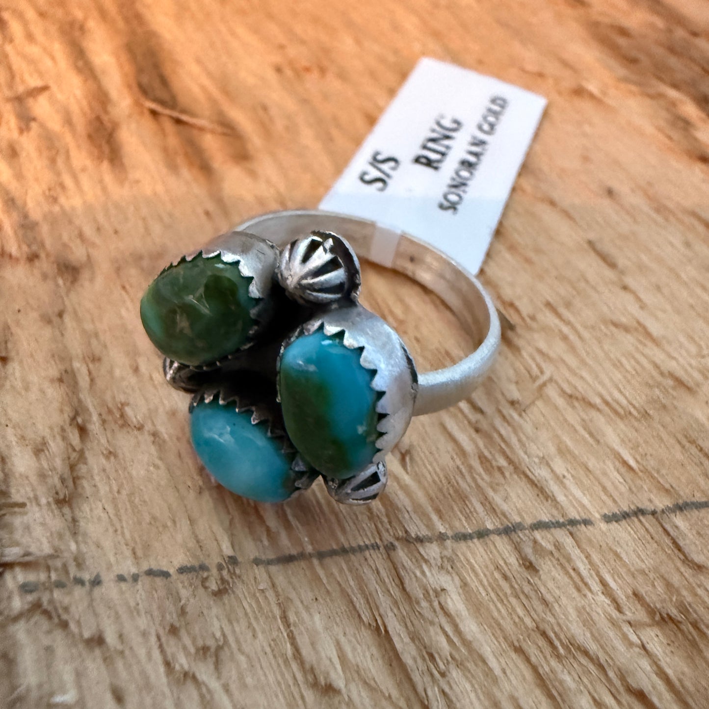Sonoran Gold Turquoise Three Gemstone Cluster Ring In Sterling Silver Adjustable Wild West Boho