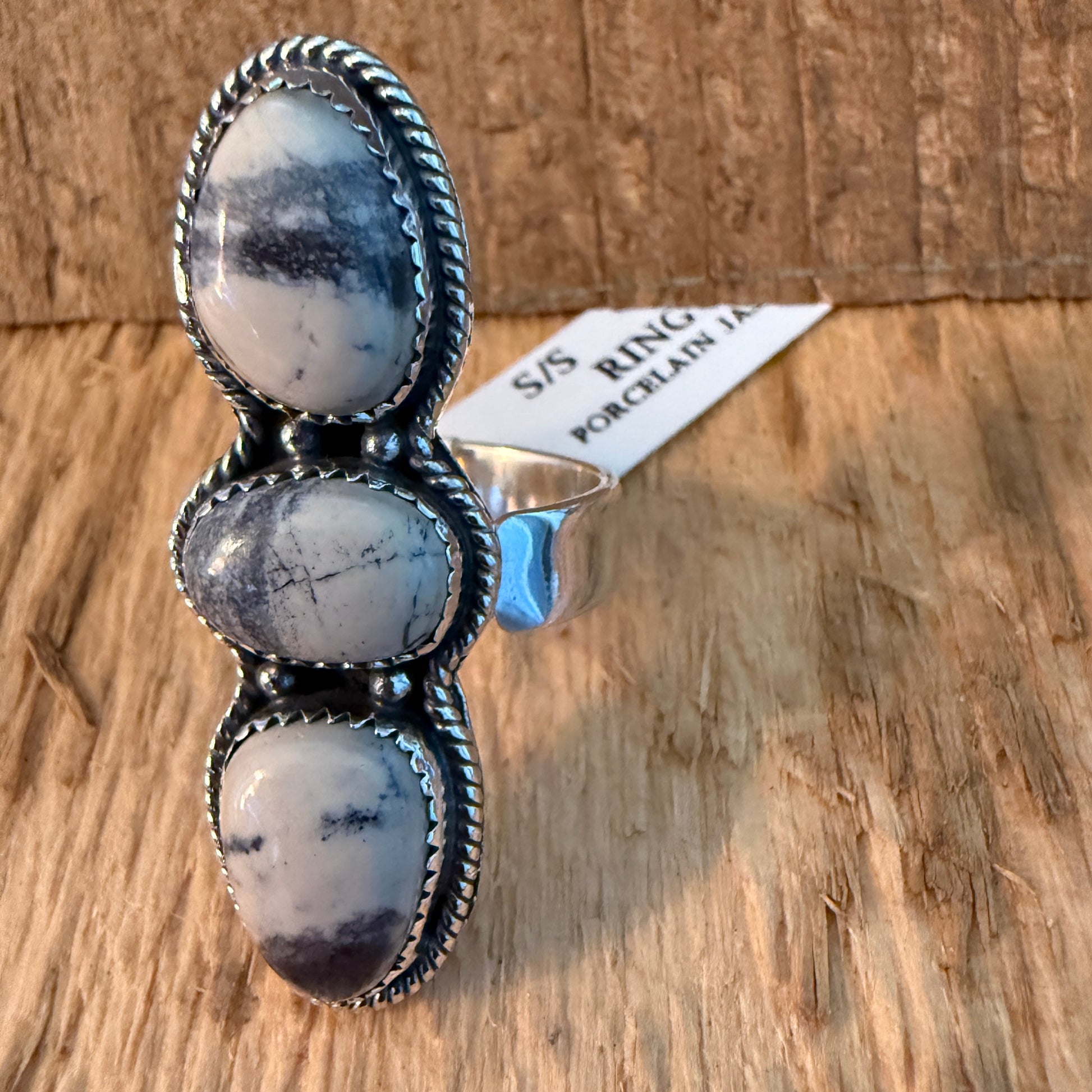 Three Gem Porcelain Jasper Cuff Ring in Sterling Silver Adjustable Wild West Boho