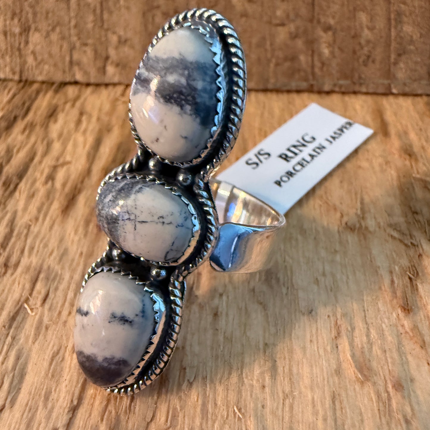 Three Gem Porcelain Jasper Cuff Ring in Sterling Silver Adjustable Wild West Boho
