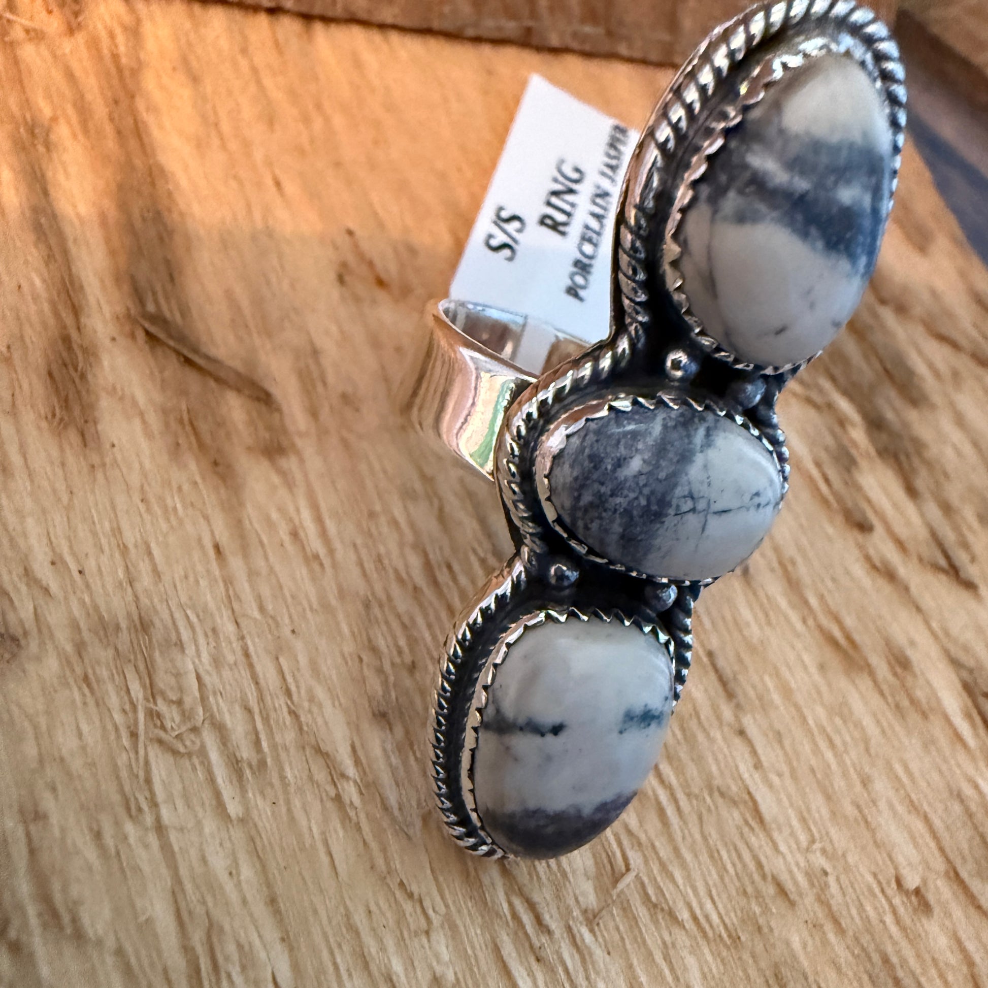 Three Gem Porcelain Jasper Cuff Ring in Sterling Silver Adjustable Wild West Boho