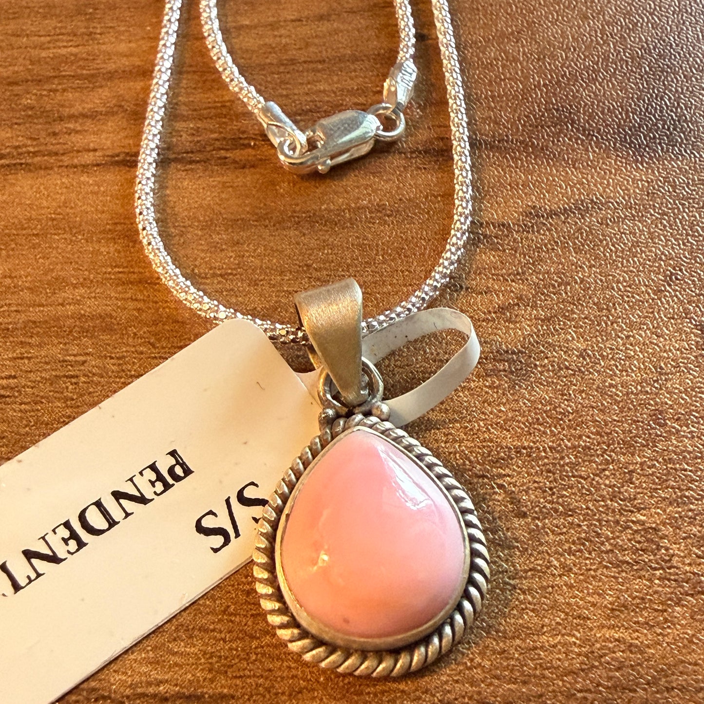 Handcrafted Pink Conch Gemstone Necklace With Sterling Silver 18 Inch Chain Wild West Boho