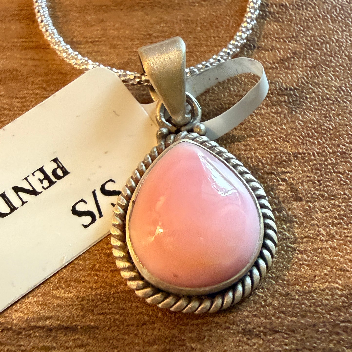 Handcrafted Pink Conch Gemstone Necklace With Sterling Silver 18 Inch Chain Wild West Boho