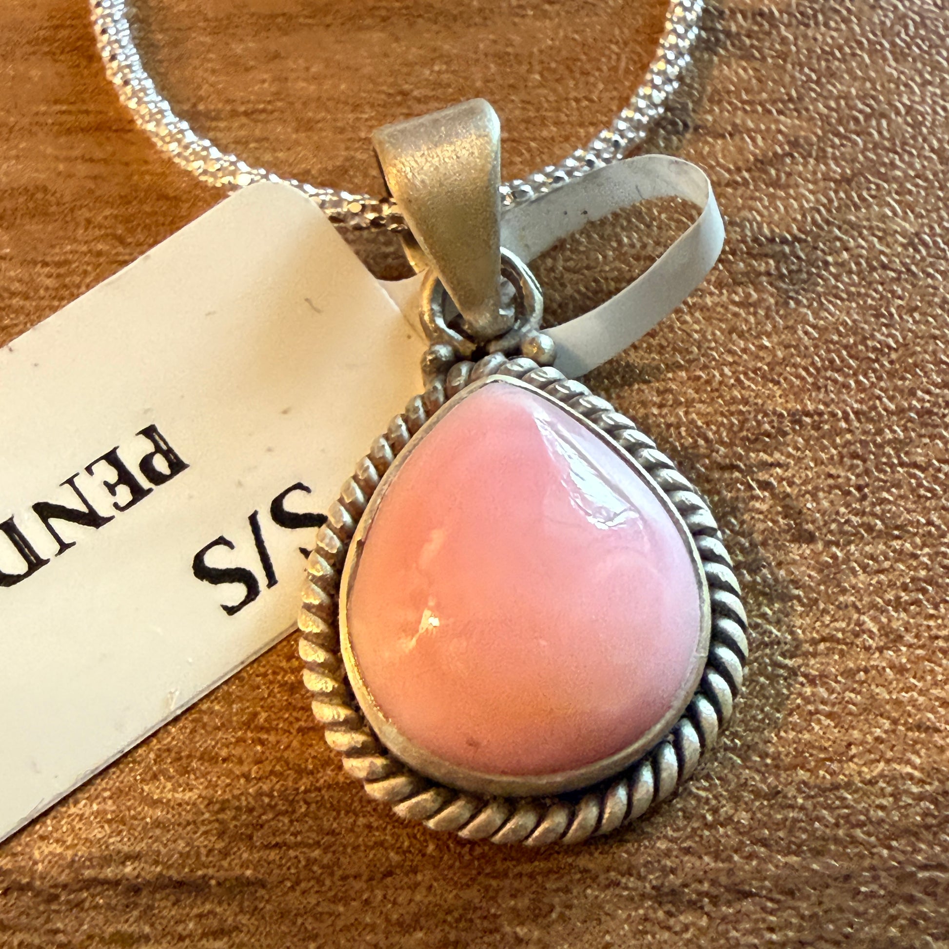 Handcrafted Pink Conch Gemstone Necklace With Sterling Silver 18 Inch Chain Wild West Boho