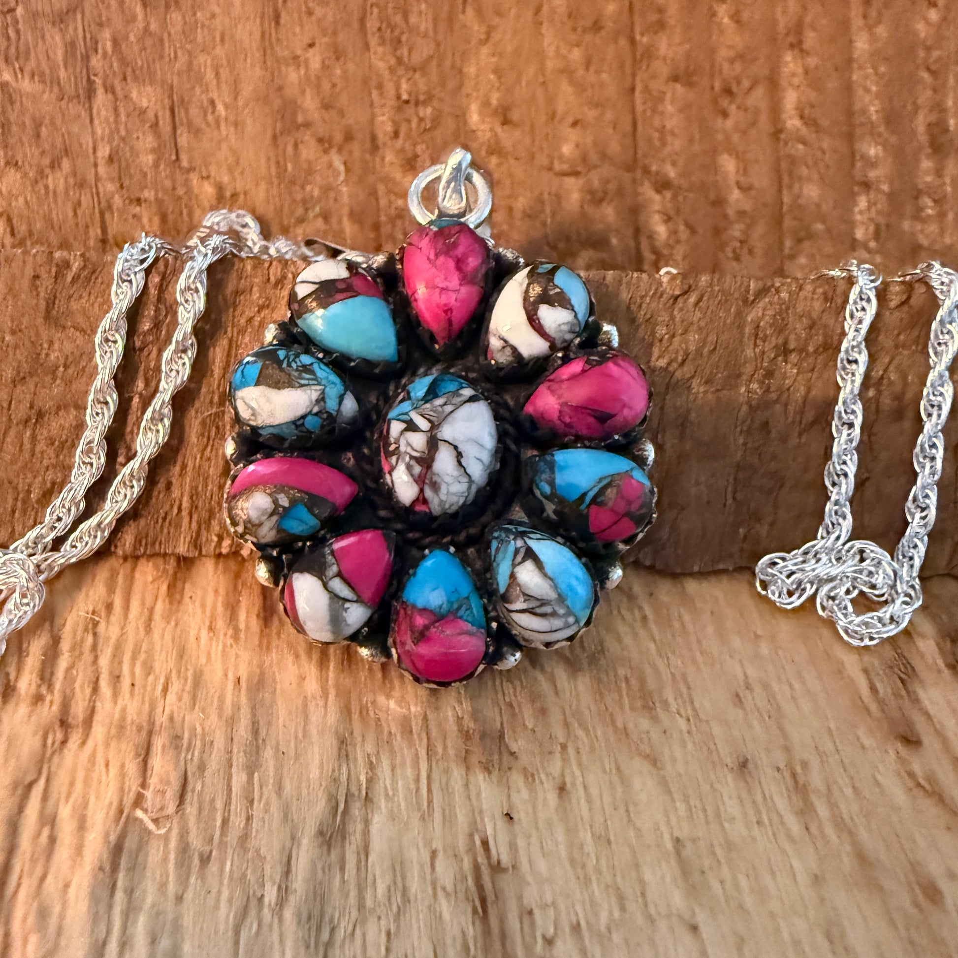 Cotton Candy Gemstone Cluster Necklace Sterling Silver 18 Inch Chain Wild West Boho