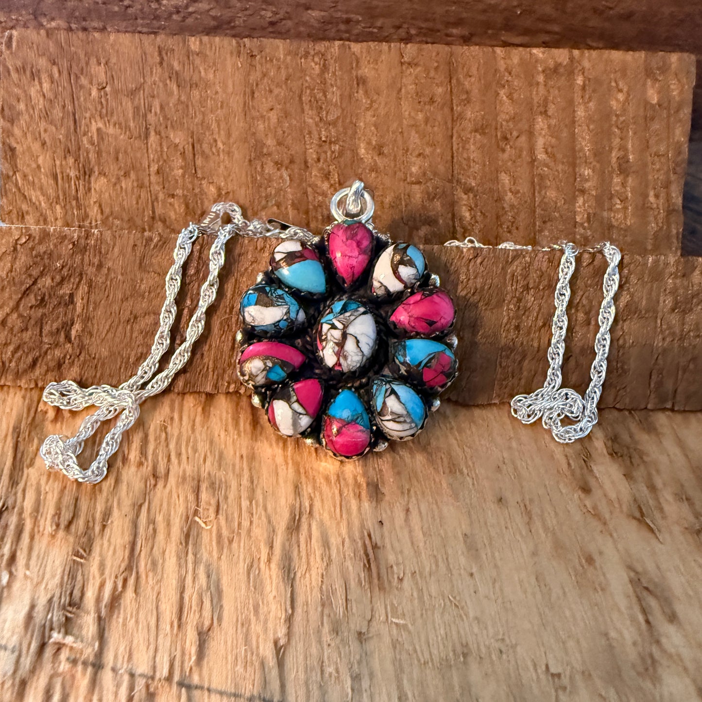 Cotton Candy Gemstone Cluster Necklace Sterling Silver 18 Inch Chain Wild West Boho