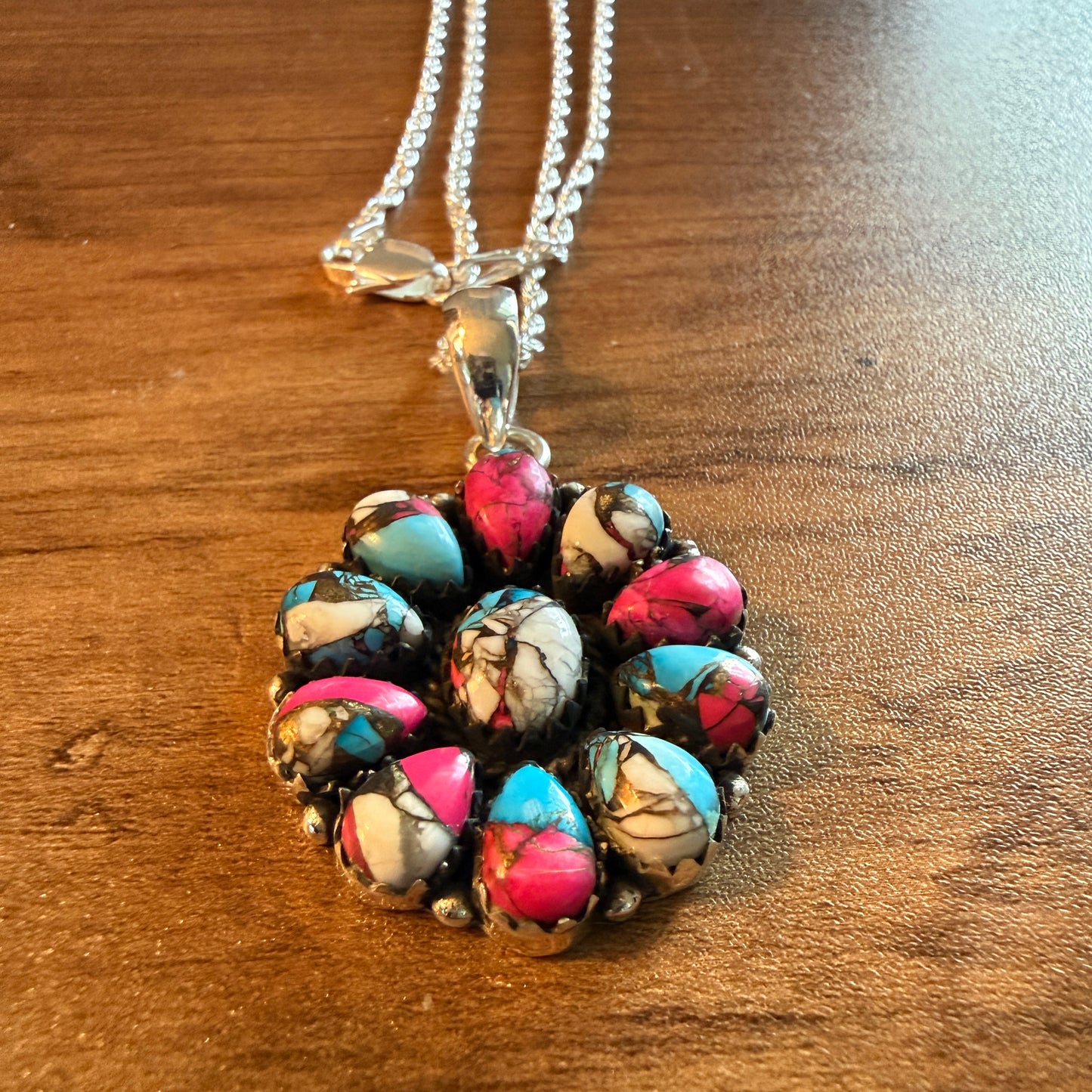 Cotton Candy Gemstone Cluster Necklace Sterling Silver 18 Inch Chain Wild West Boho