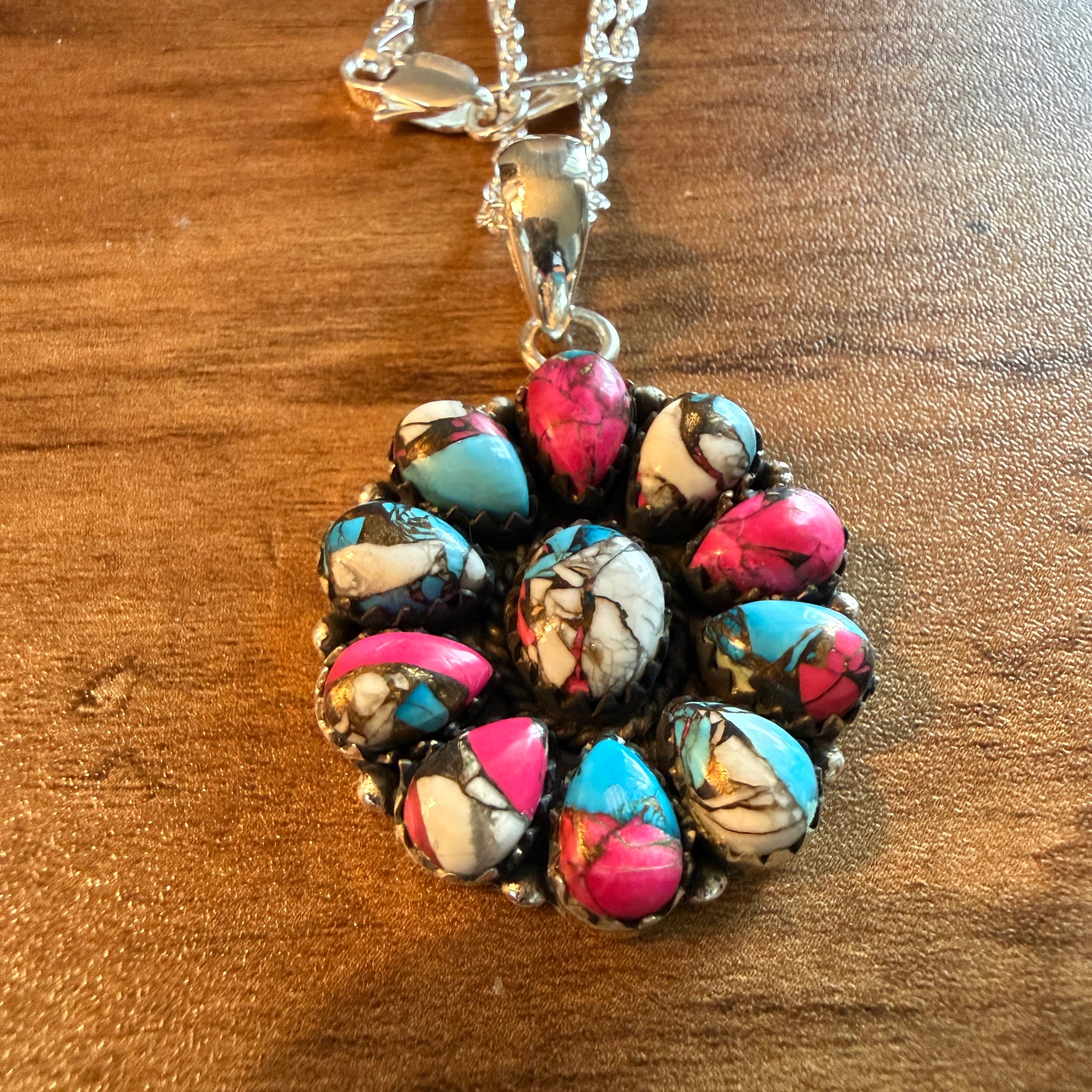 Cotton Candy Gemstone Cluster Necklace Sterling Silver 18 Inch Chain Wild West Boho
