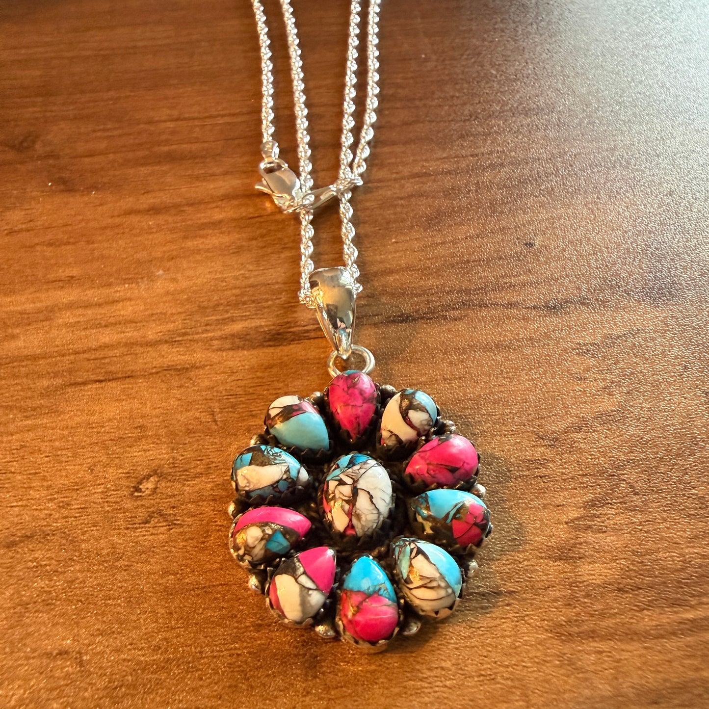 Cotton Candy Gemstone Cluster Necklace Sterling Silver 18 Inch Chain Wild West Boho