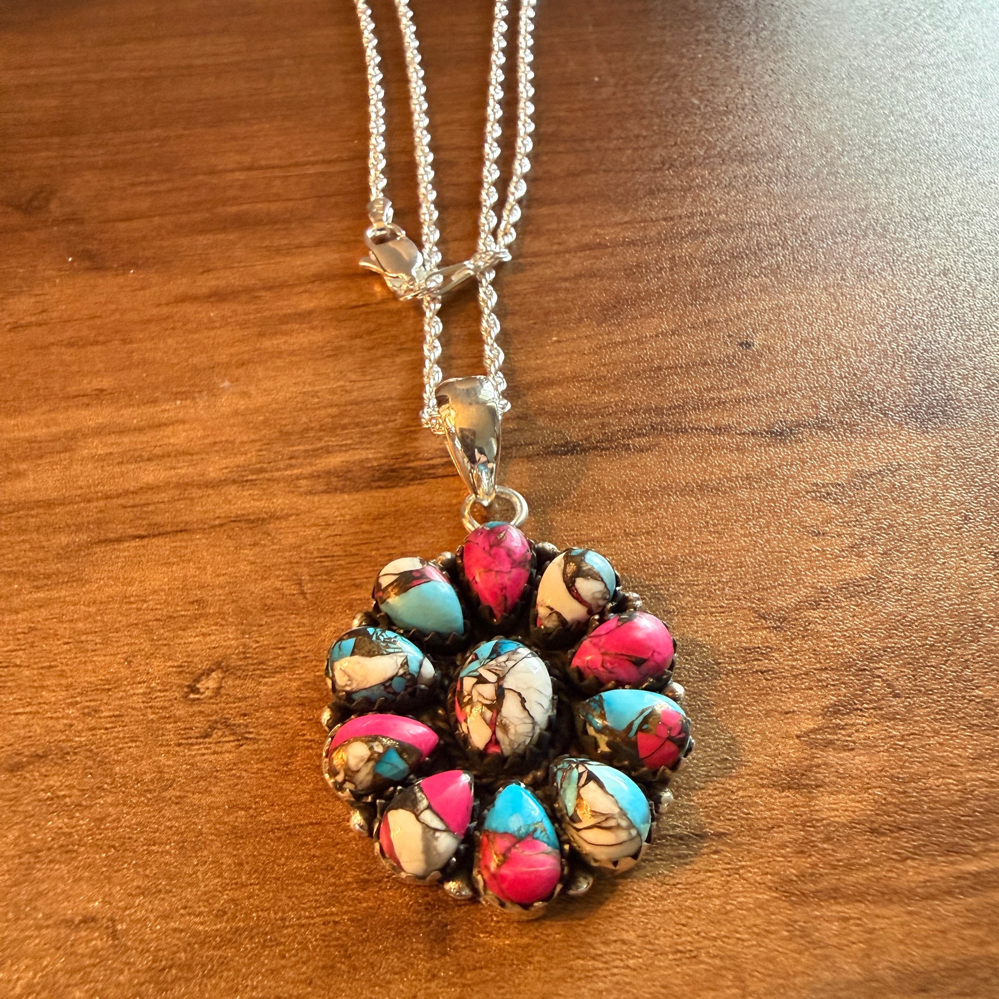 Cotton Candy Gemstone Cluster Necklace Sterling Silver 18 Inch Chain Wild West Boho