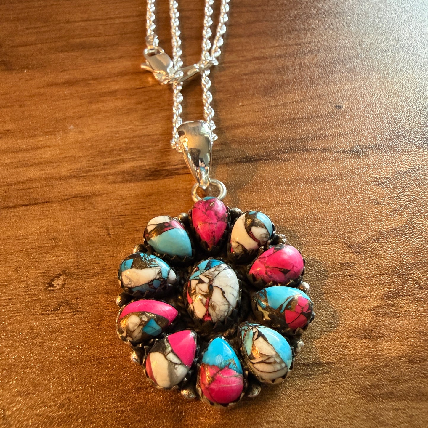 Cotton Candy Gemstone Cluster Necklace Sterling Silver 18 Inch Chain Wild West Boho