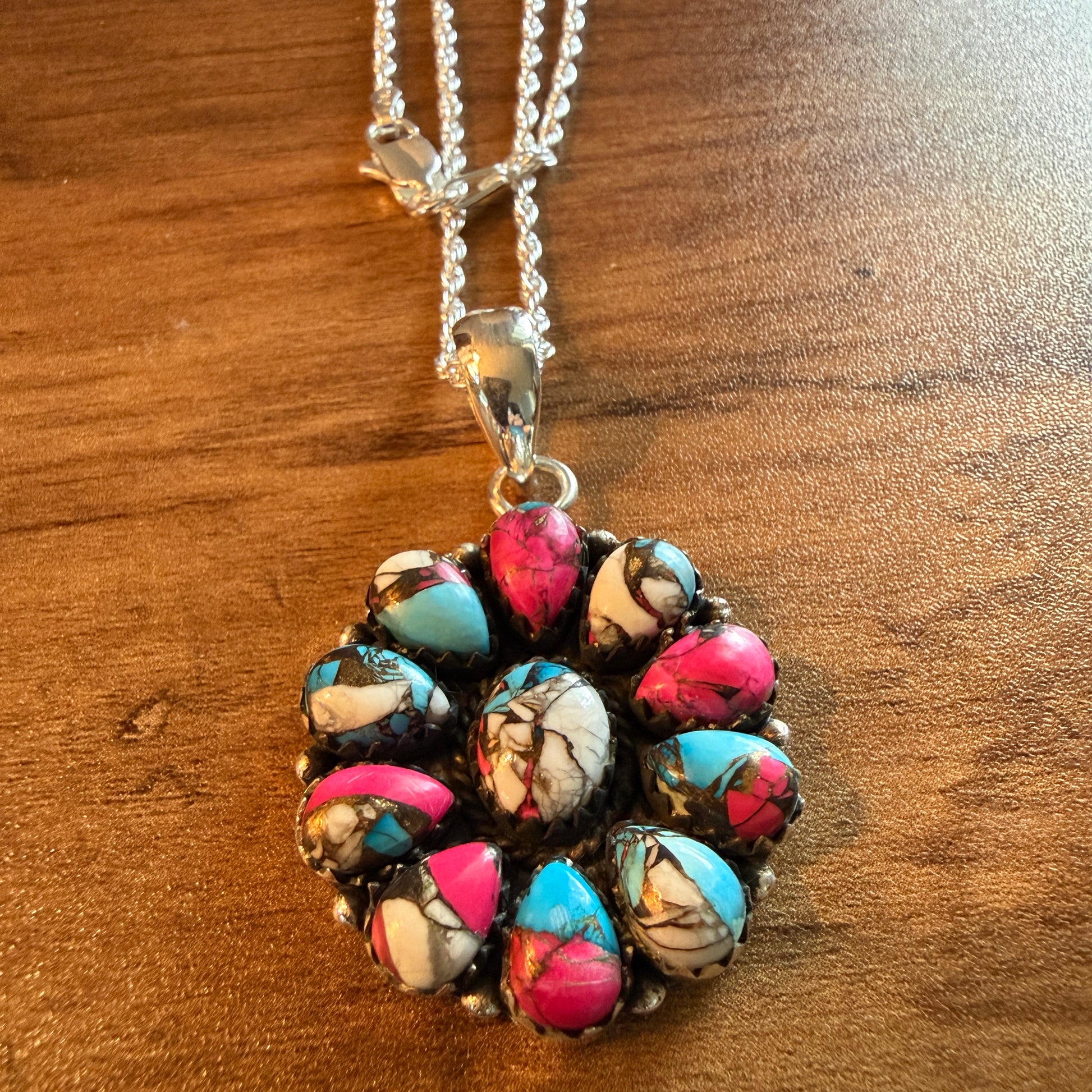 Cotton Candy Gemstone Cluster Necklace Sterling Silver 18 Inch Chain Wild West Boho