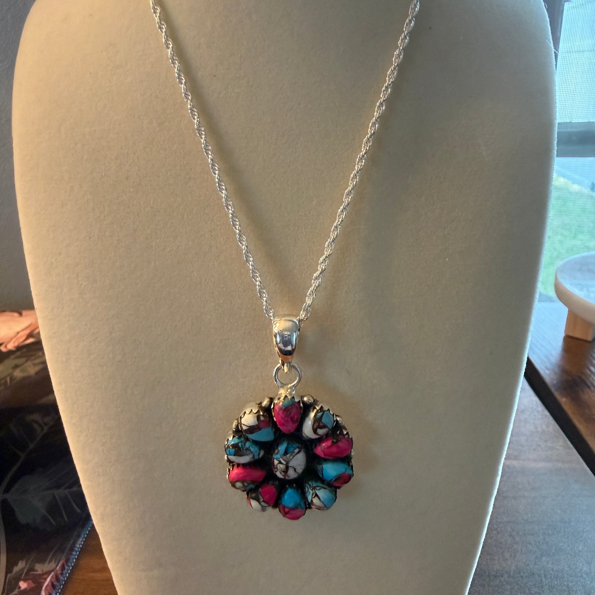 Cotton Candy Gemstone Cluster Necklace Sterling Silver 18 Inch Chain Wild West Boho