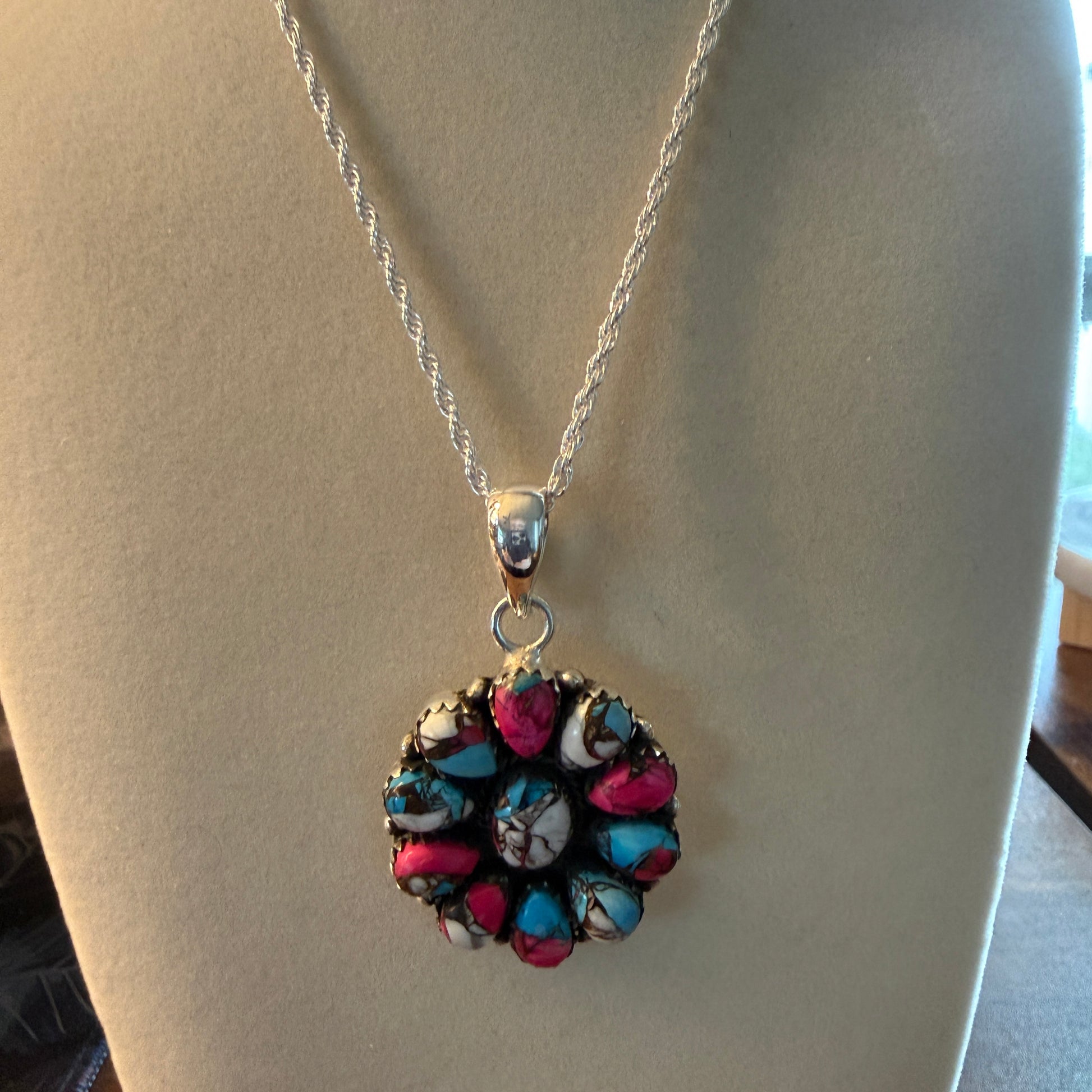 Cotton Candy Gemstone Cluster Necklace Sterling Silver 18 Inch Chain Wild West Boho