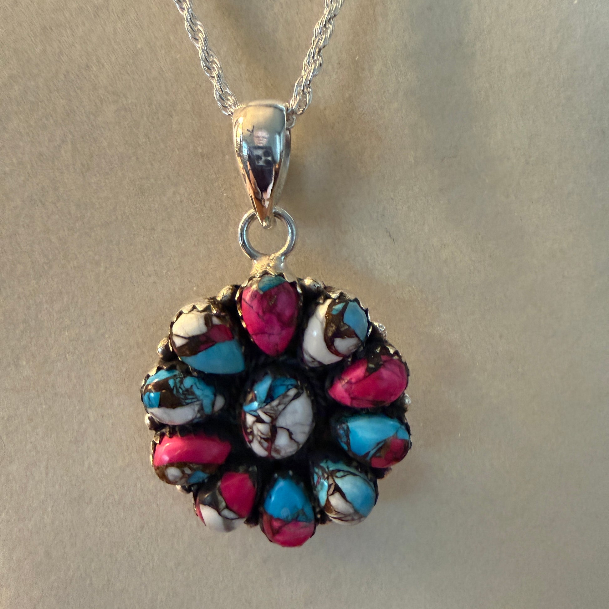 Cotton Candy Gemstone Cluster Necklace Sterling Silver 18 Inch Chain Wild West Boho