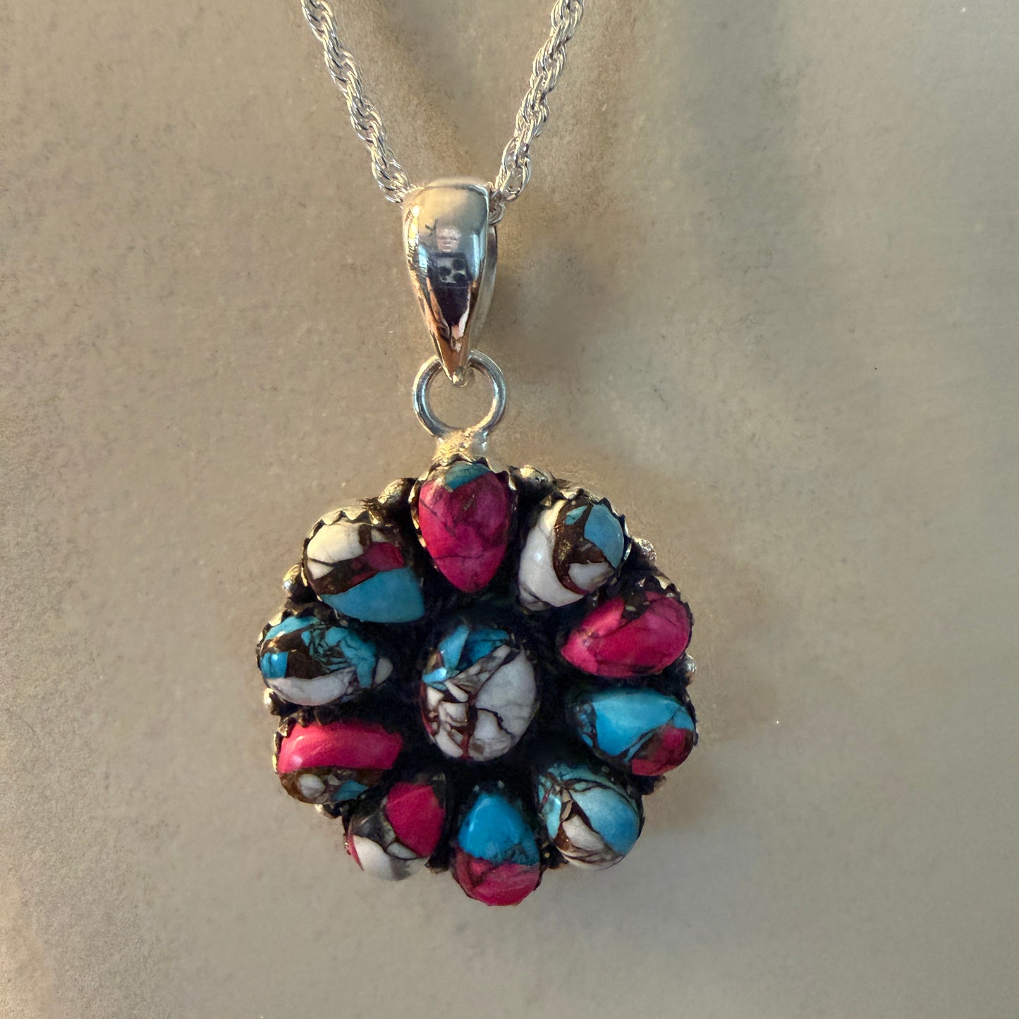 Cotton Candy Gemstone Cluster Necklace Sterling Silver 18 Inch Chain Wild West Boho