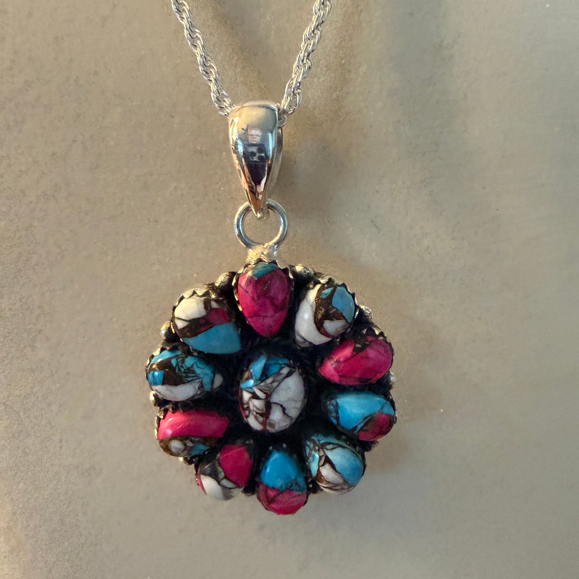 Cotton Candy Gemstone Cluster Necklace Sterling Silver 18 Inch Chain Wild West Boho