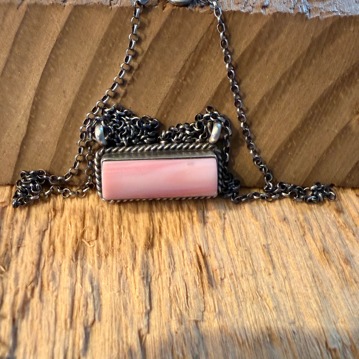 Johnny Dixon Signed Pink Conch Bar Necklace Sterling Silver 16 Inch Chain Wild West Boho