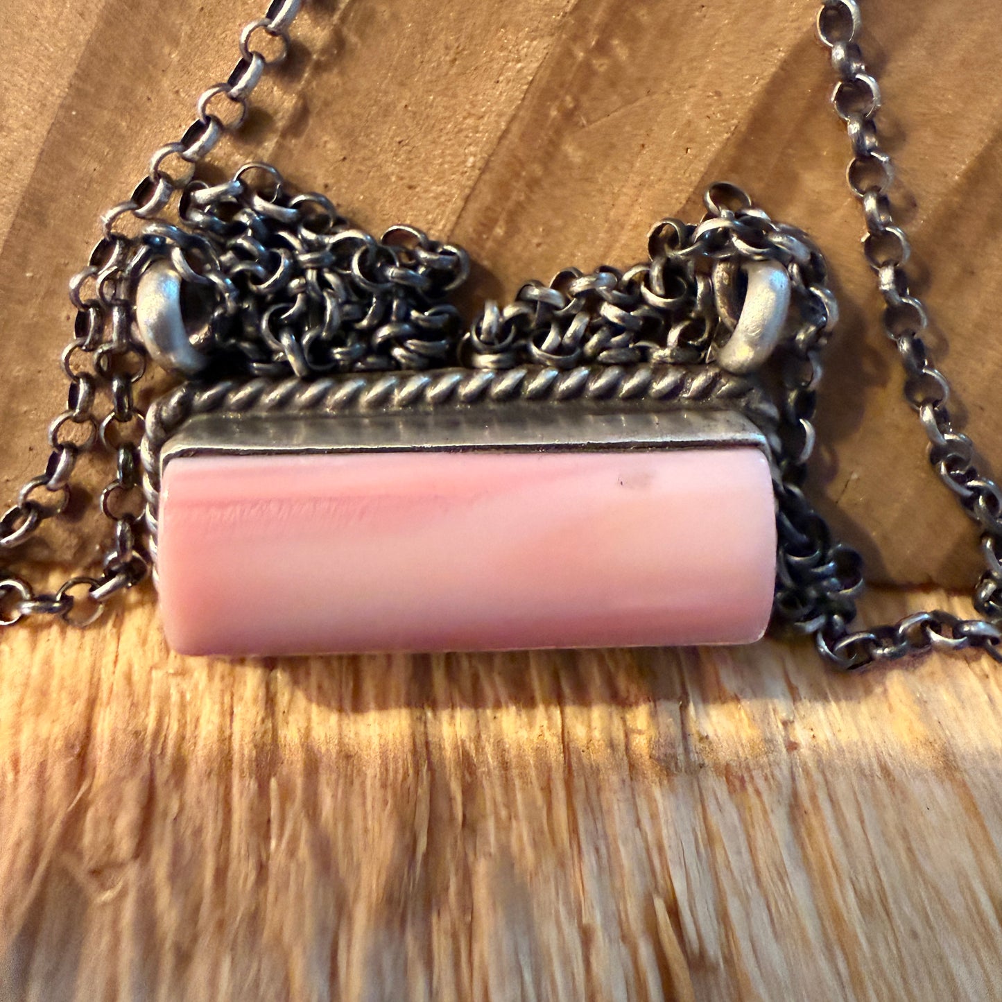 Johnny Dixon Signed Pink Conch Bar Necklace Sterling Silver 16 Inch Chain Wild West Boho