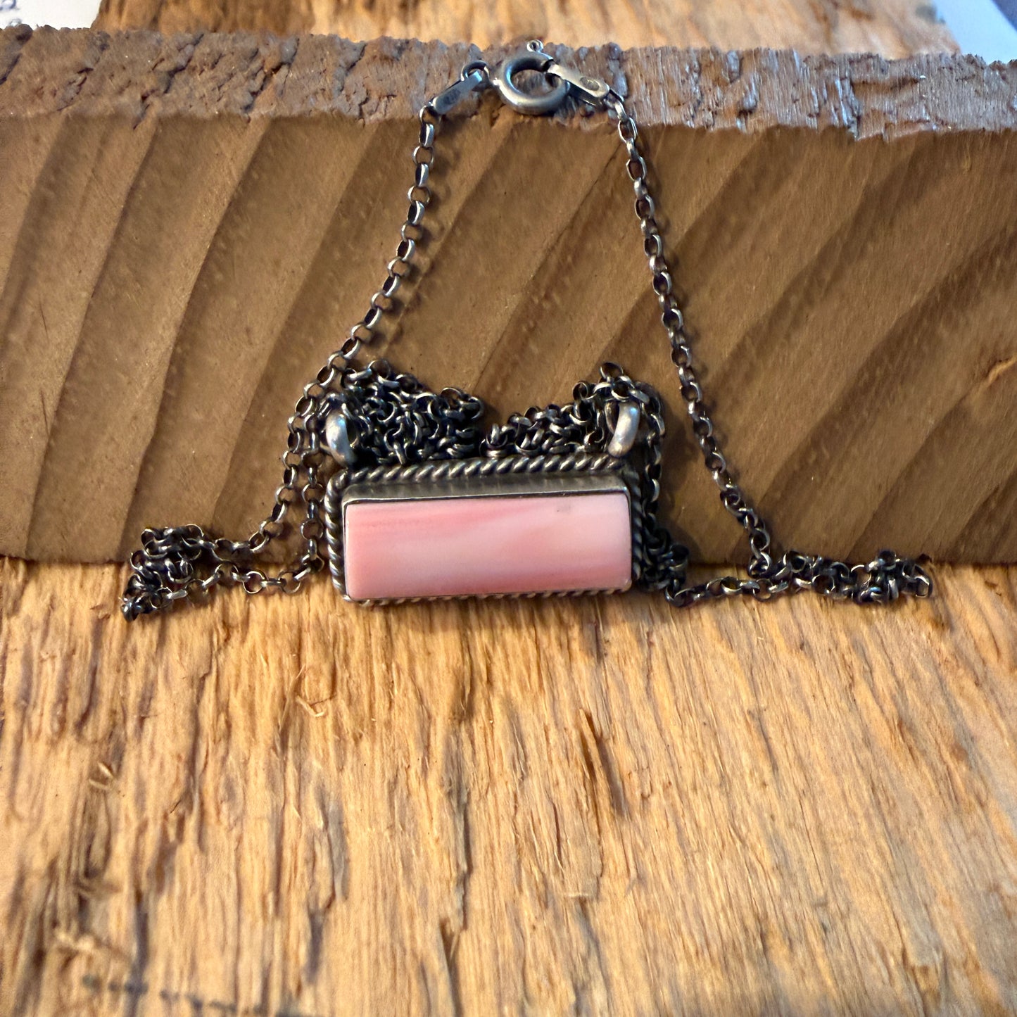 Johnny Dixon Signed Pink Conch Bar Necklace Sterling Silver 16 Inch Chain Wild West Boho